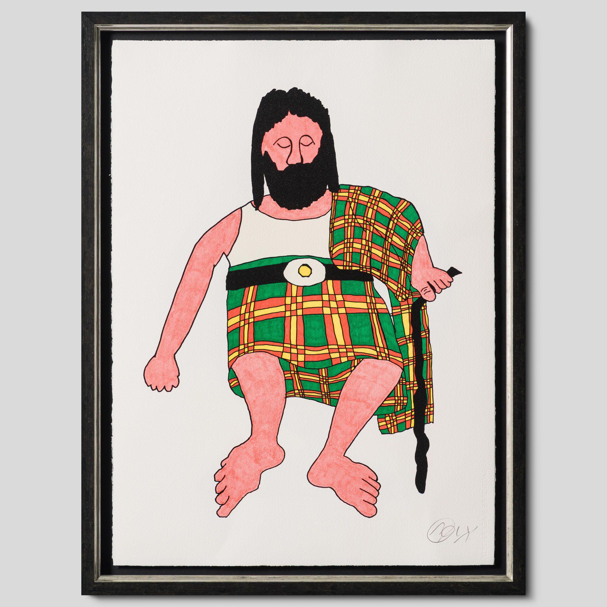 Sunburned shows a Tartan-clad man whose skin tone is lobster red. He is a bearded man with a fried egg belt and feet instead of hands. His tartan is green with orange and yellow stripes