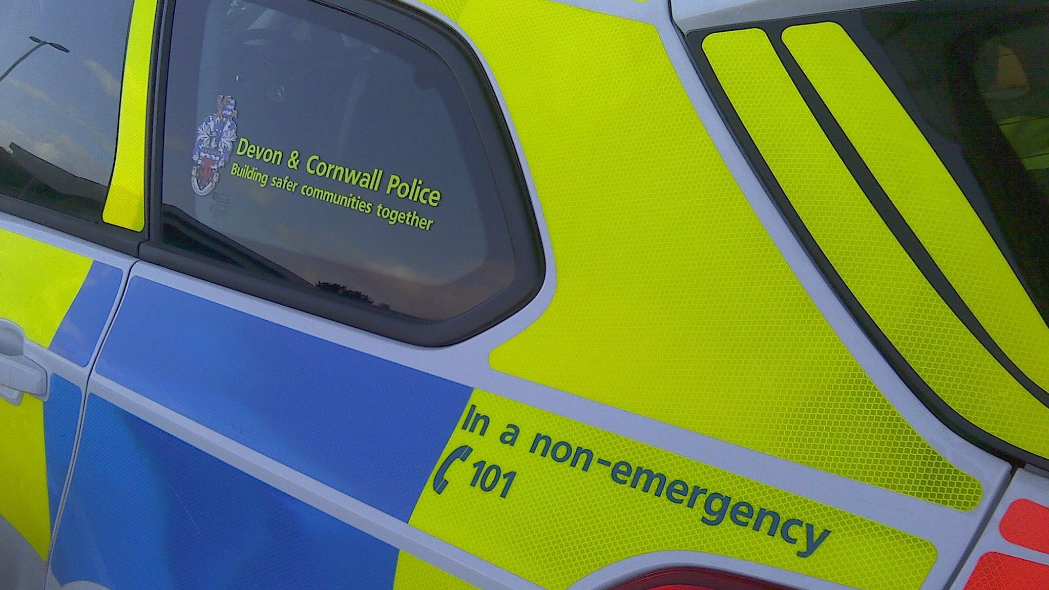 The rear window of a Devon and Cornwall Police car, which is bright yellow and blue. 