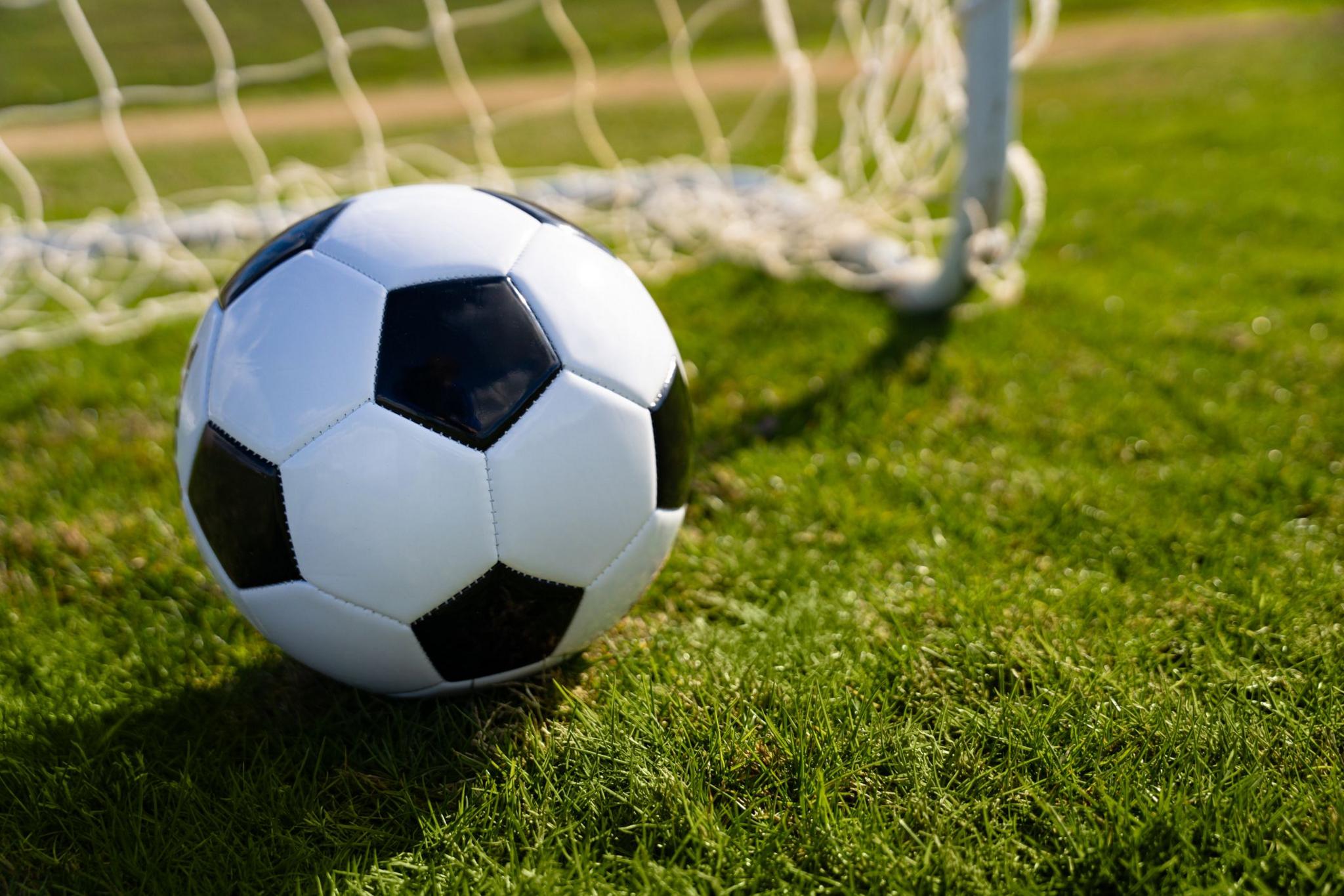 A black and white football lies on the grass in the field by the net