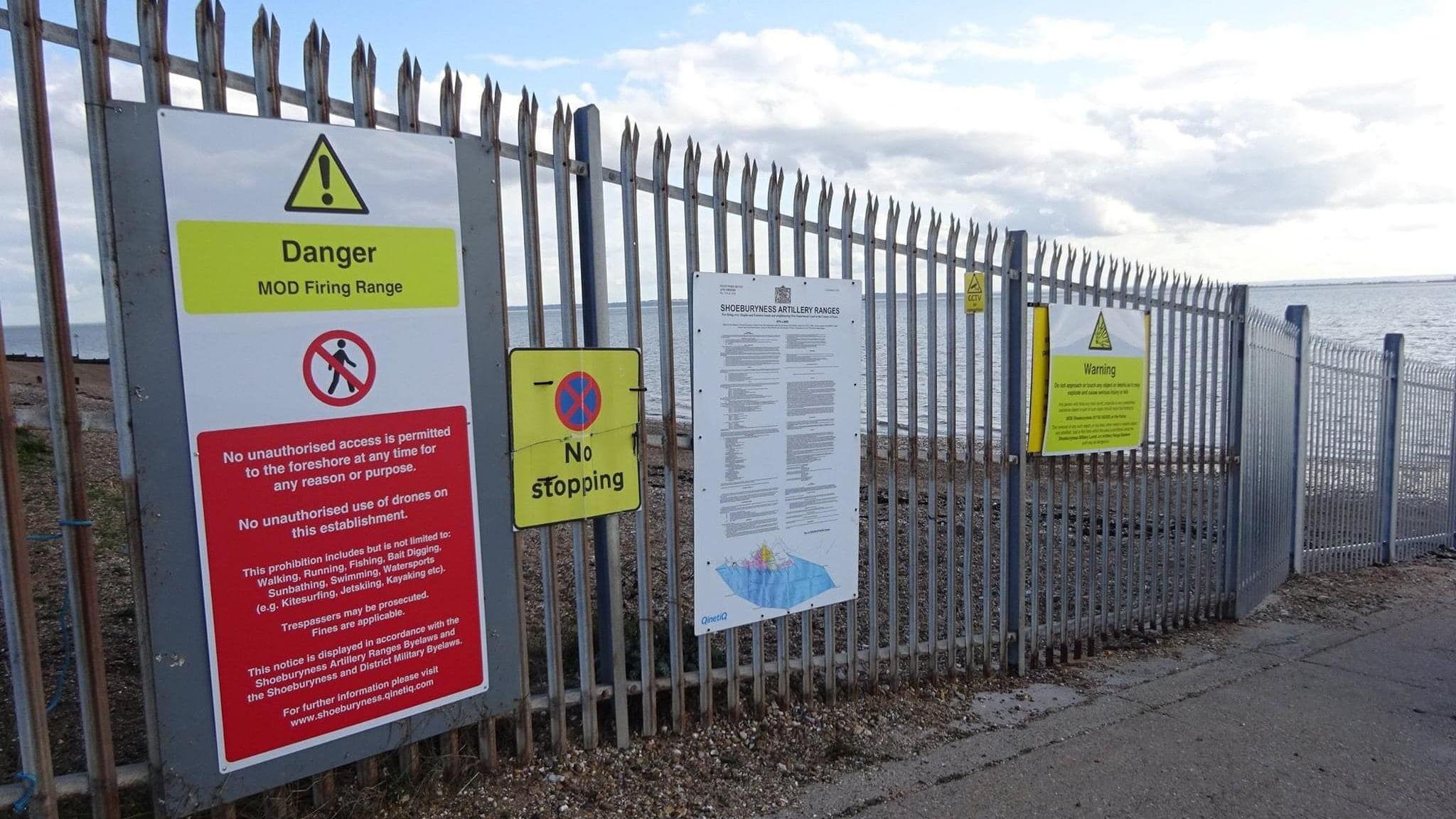 Warning signs on a boundary fence around MOD Shoeburyness