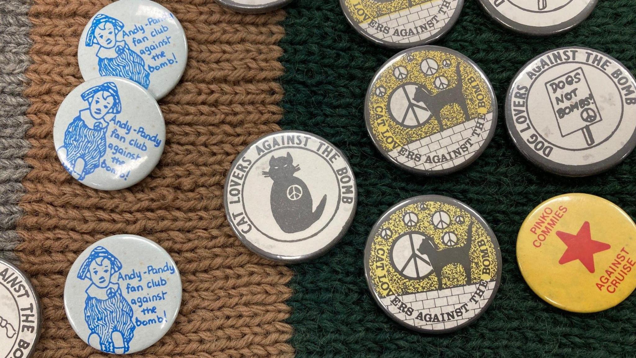 Close-ups of pin badges with one in the centre reading 'cat lovers against the bomb'.