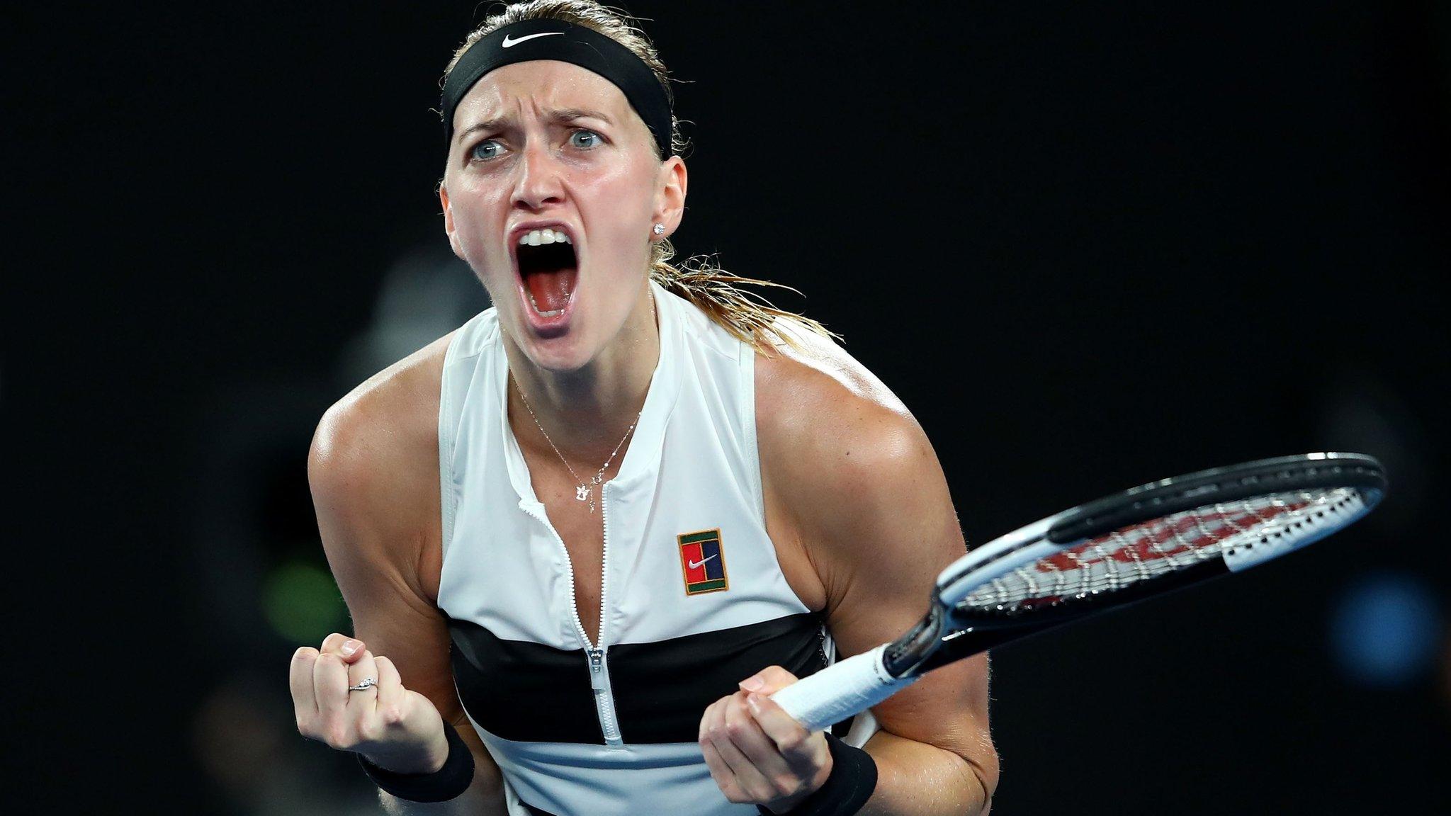 Petra Kvitova celebrates winning the first set against Danielle Collins