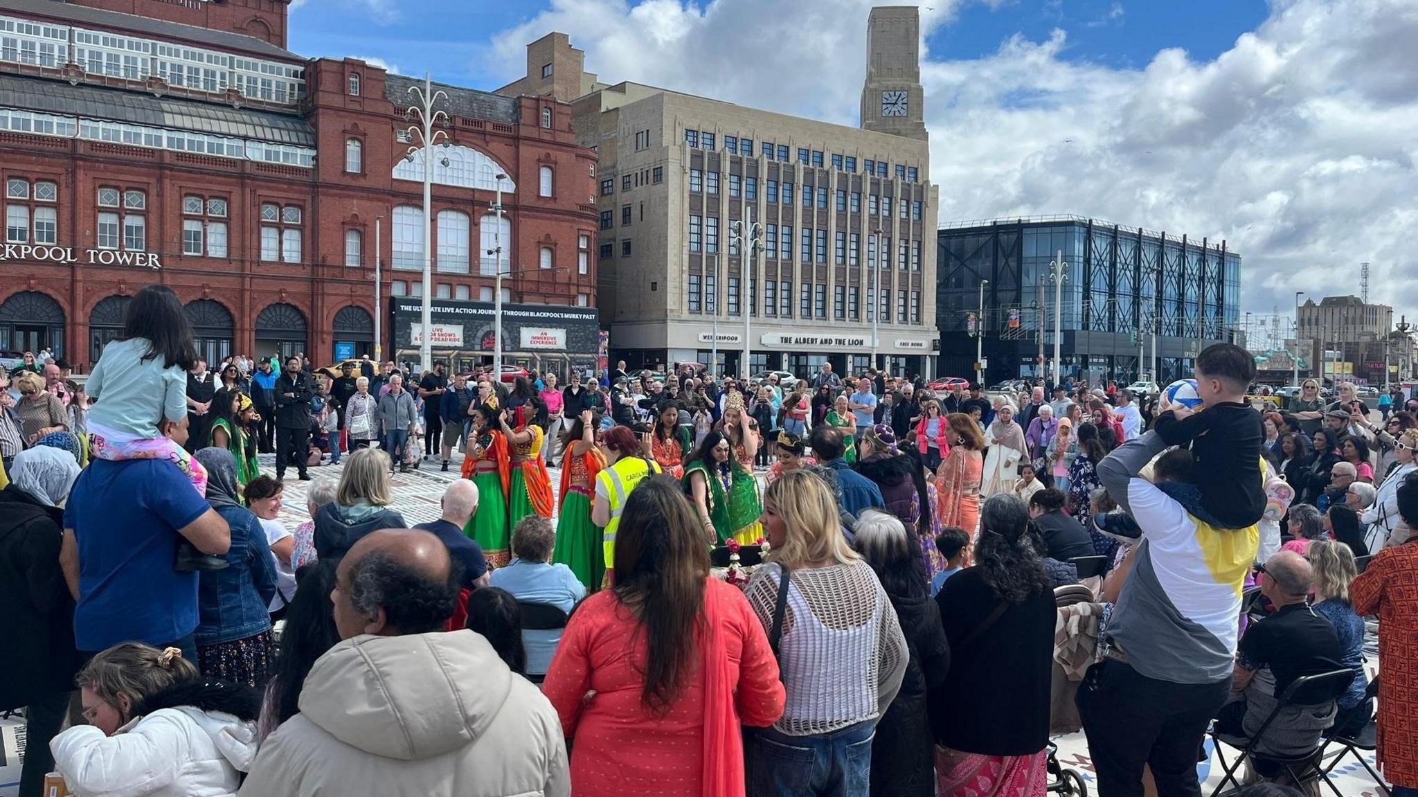 Crowds watching the performances in front of Blackpool Tower