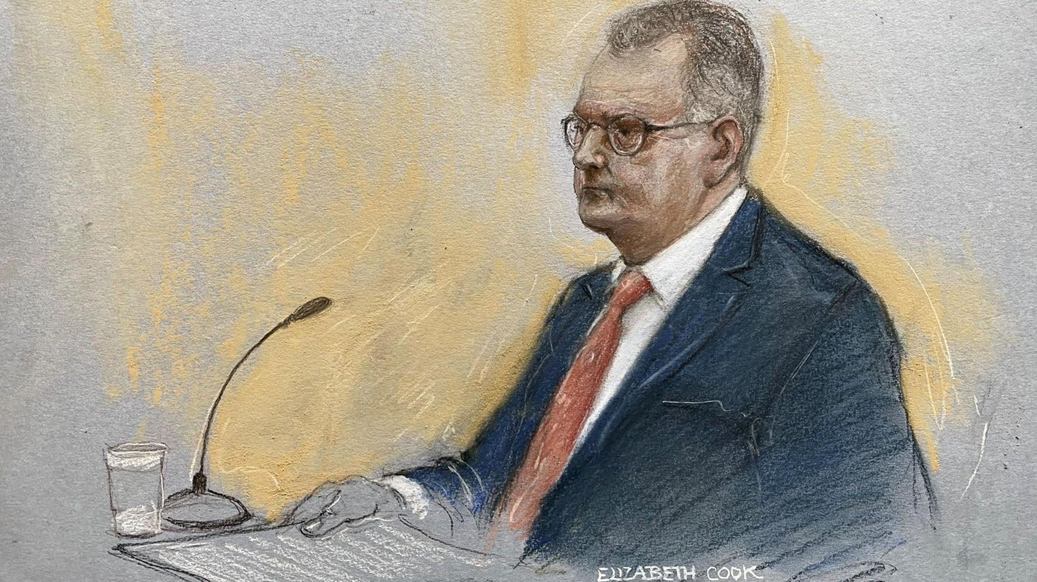 A court sketch of Jeffrey Donaldson at his trial wearing a suit and red tie.
