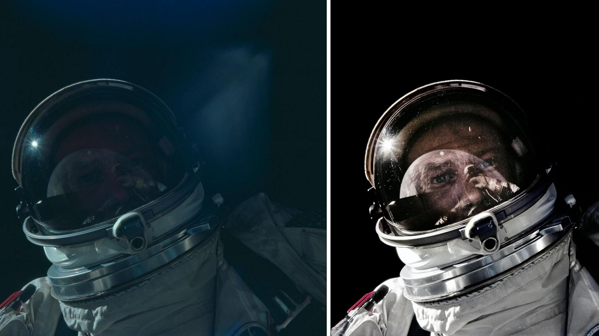 Two images side-by-side of astronaut Buzz Aldrin taking a selfie while in space. In the image on the left, the face of the astronaut can't be seen and on the right his face can be seen as well as a reflection of his hand. 