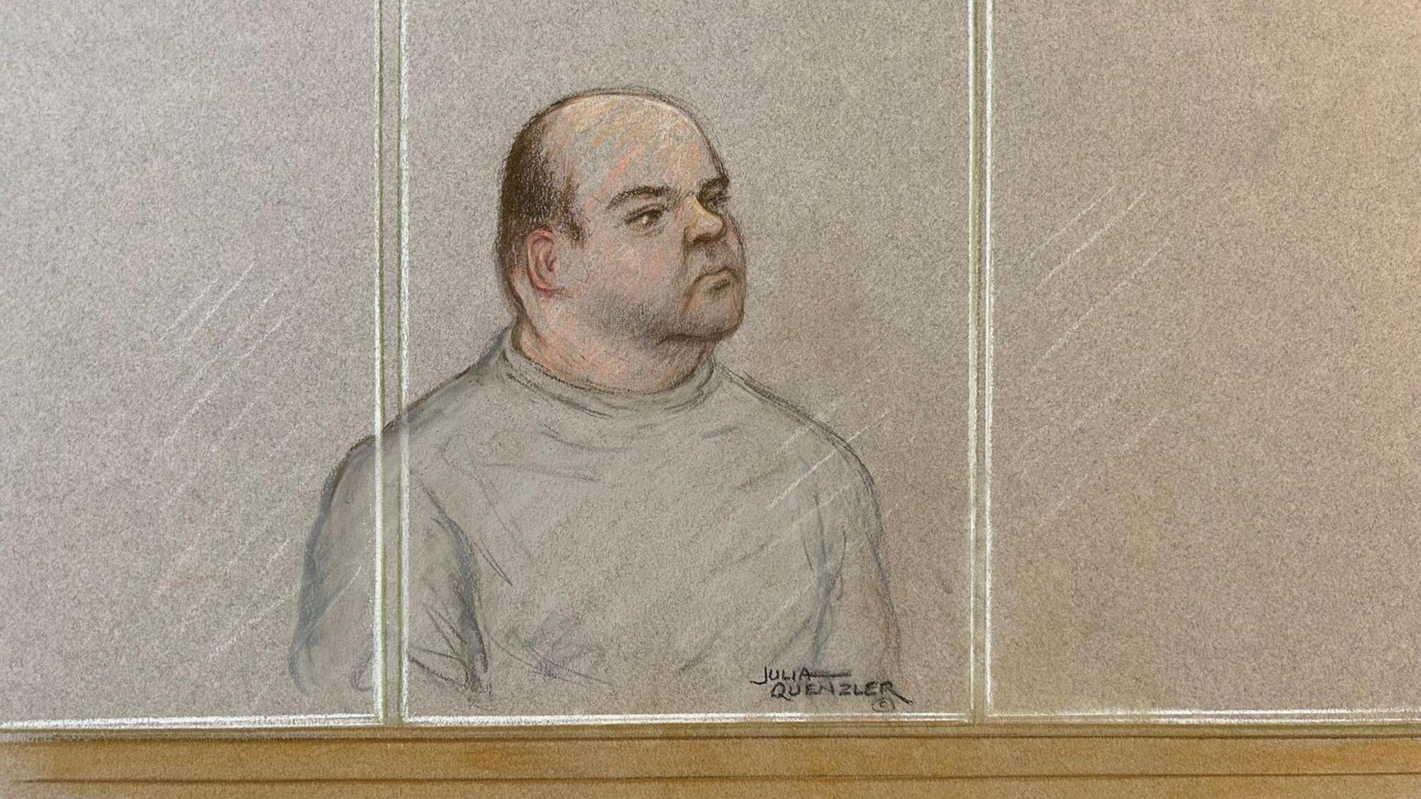 A court sketch of Gavin Plumb, who is wearing a grey sweatshirt and sat in the dock