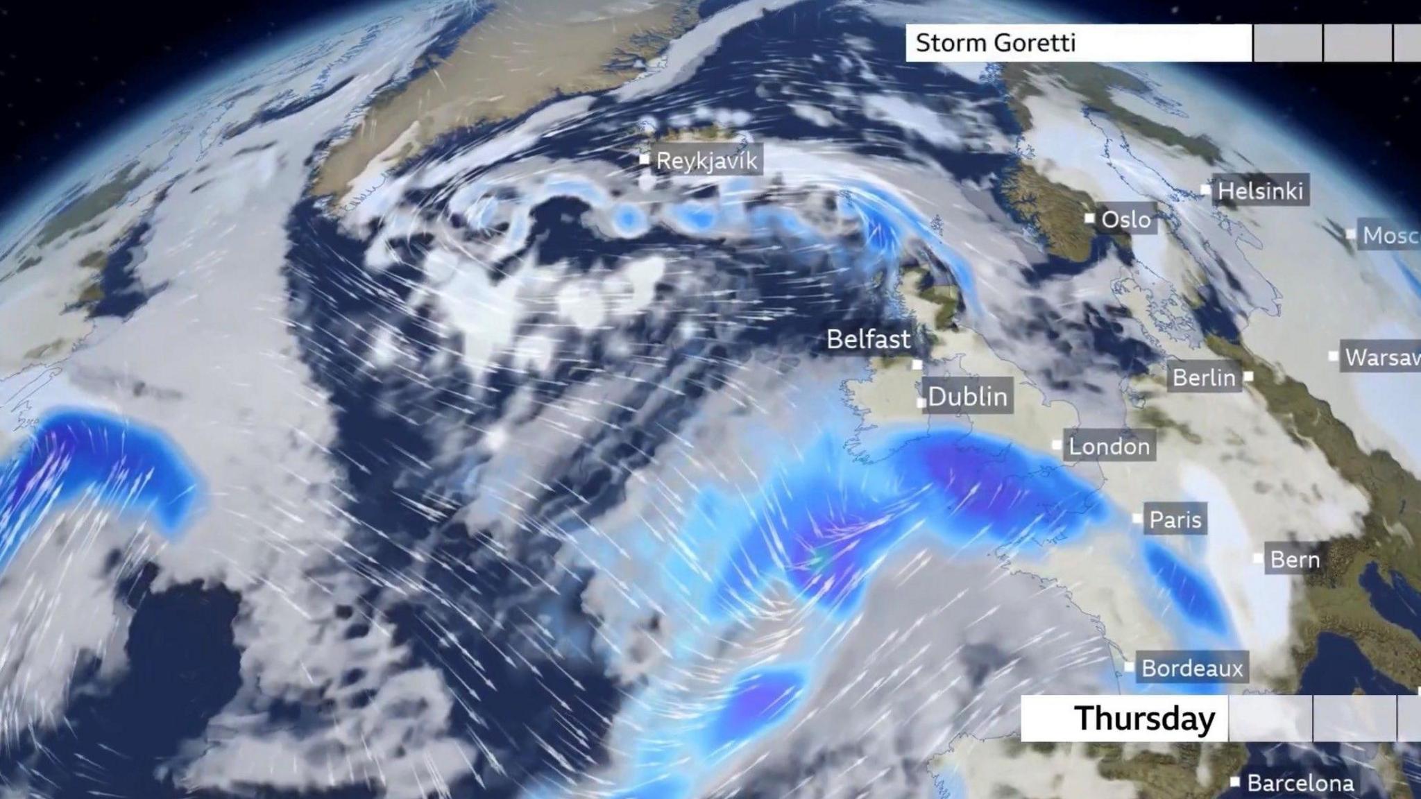 A weather graphic showing a weather formation over the Atlantic Ocean heading towards Europe.