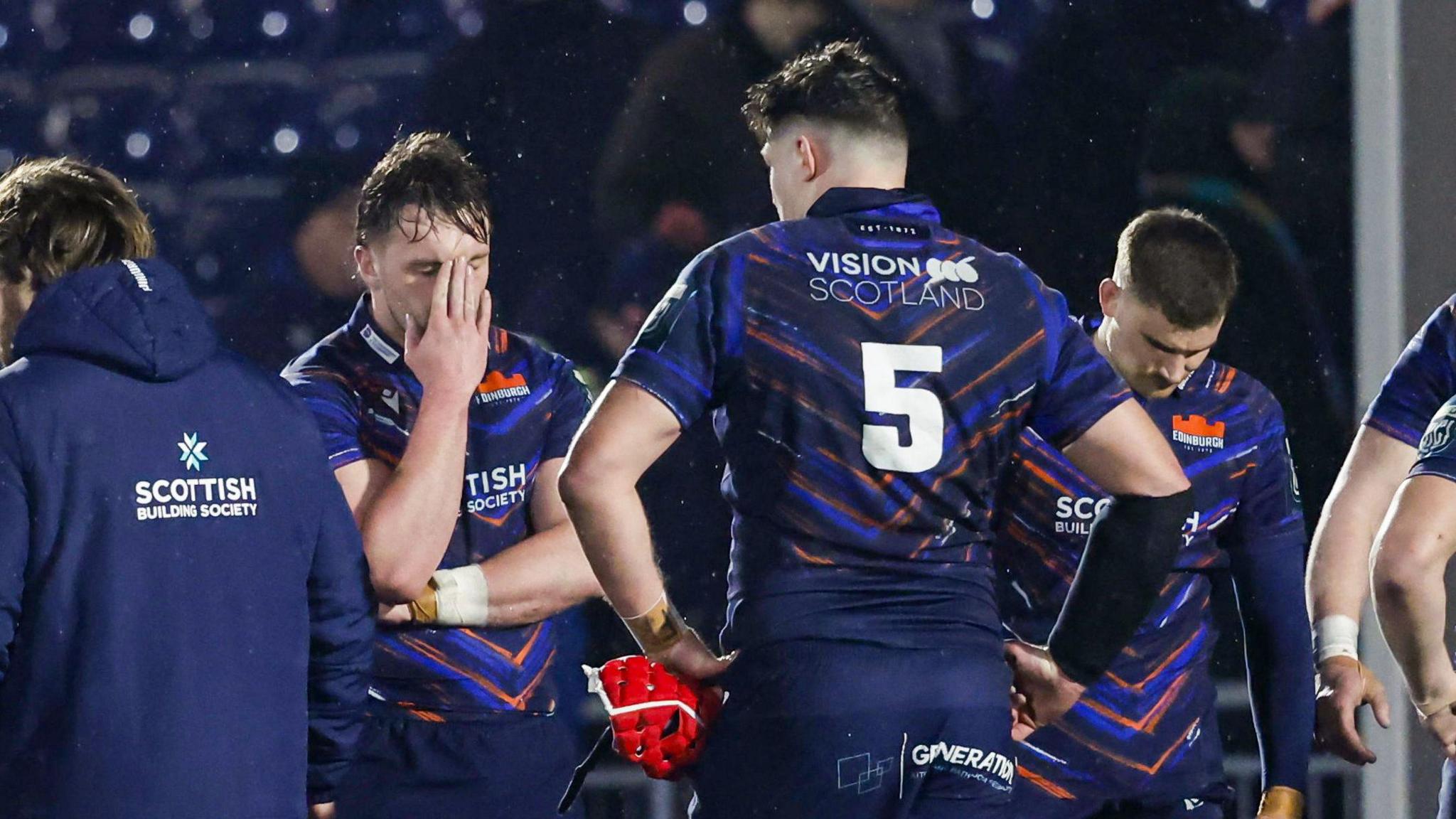 Edinburgh players look dejected at full time during a United Rugby Championship match between Edinburgh and Vodacom Bulls at Hive Stadium