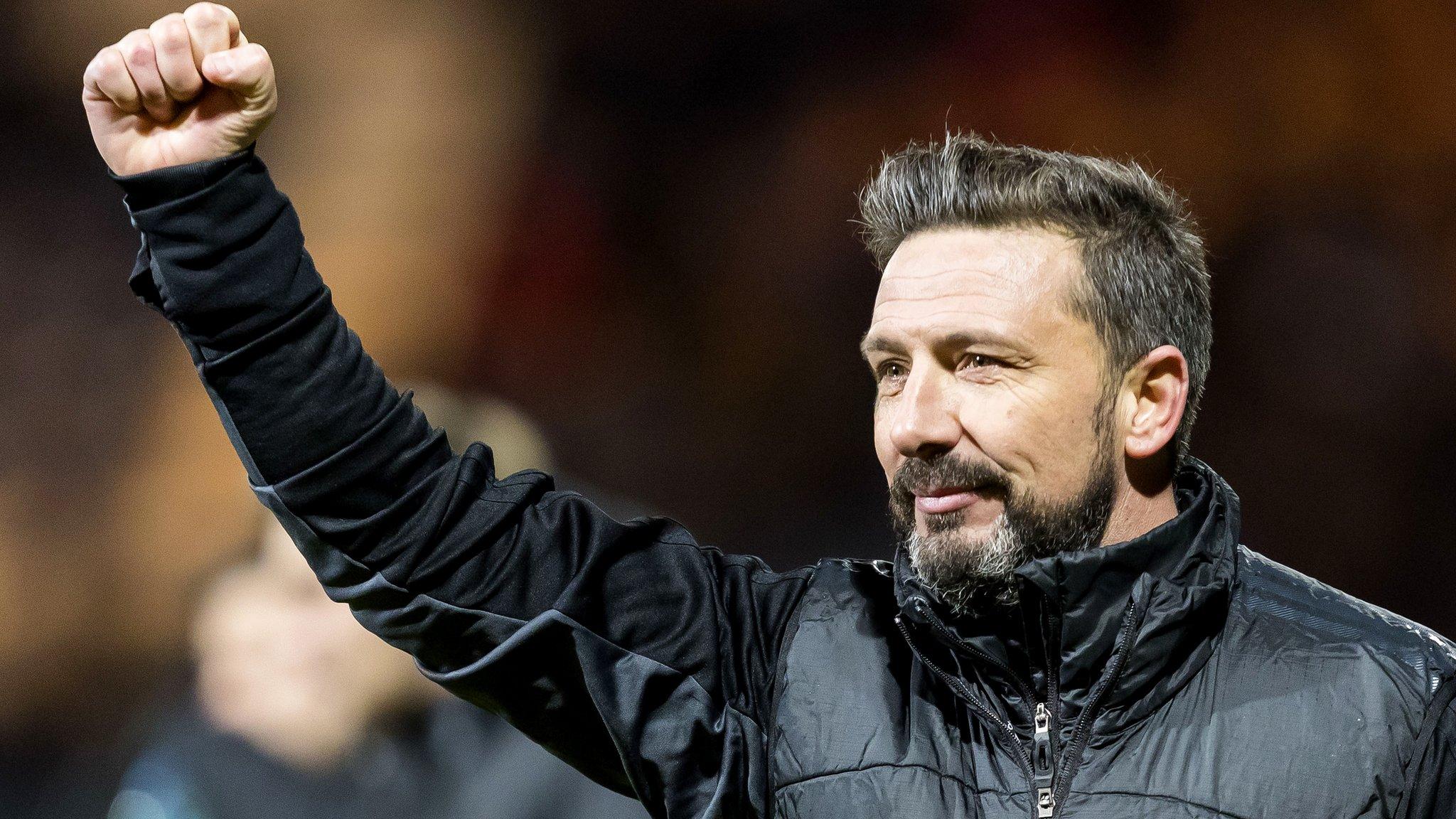 Aberdeen manager Derek McInnes celebrates at Dens Park