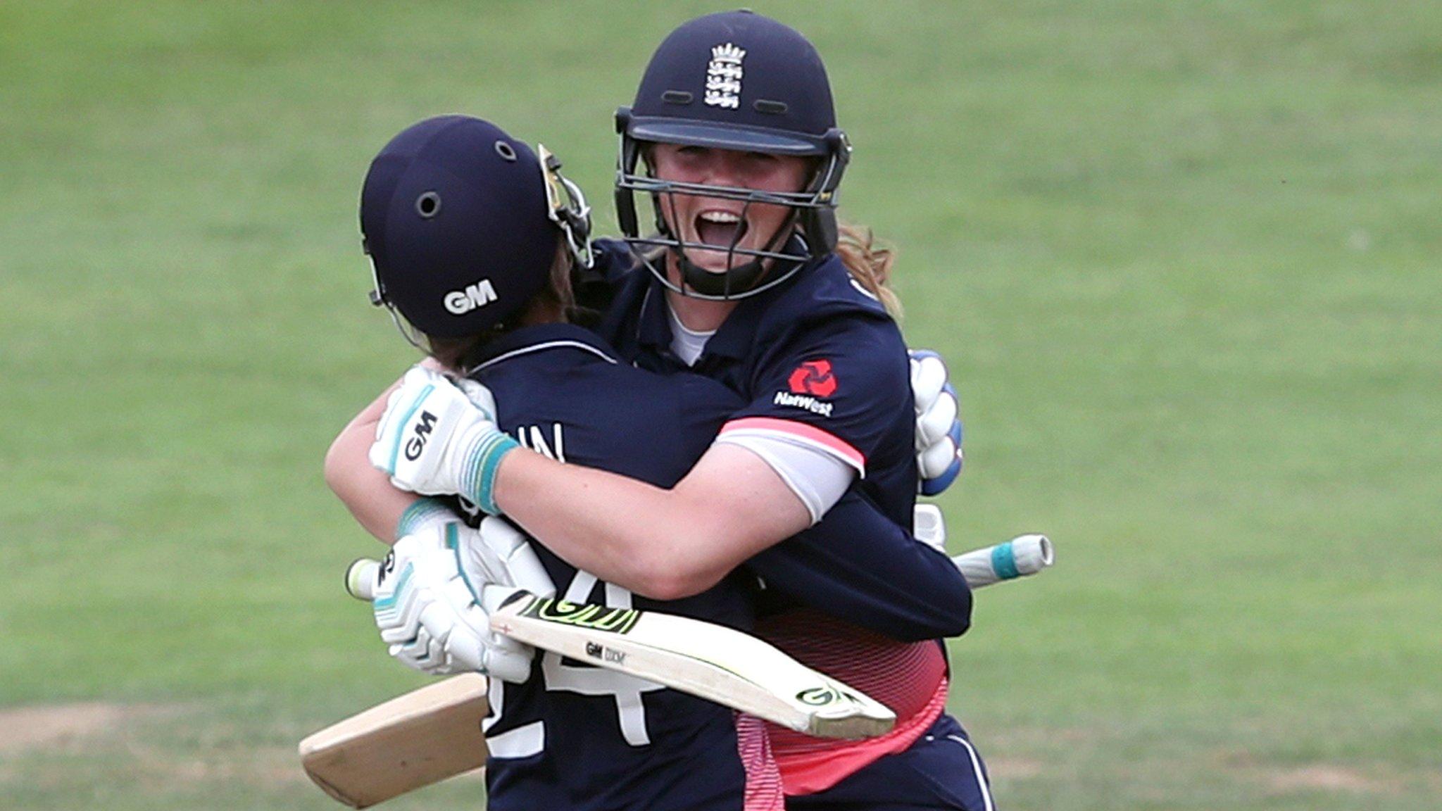 Jenny Gunn and Anya Shrubsole celebrate England's victory