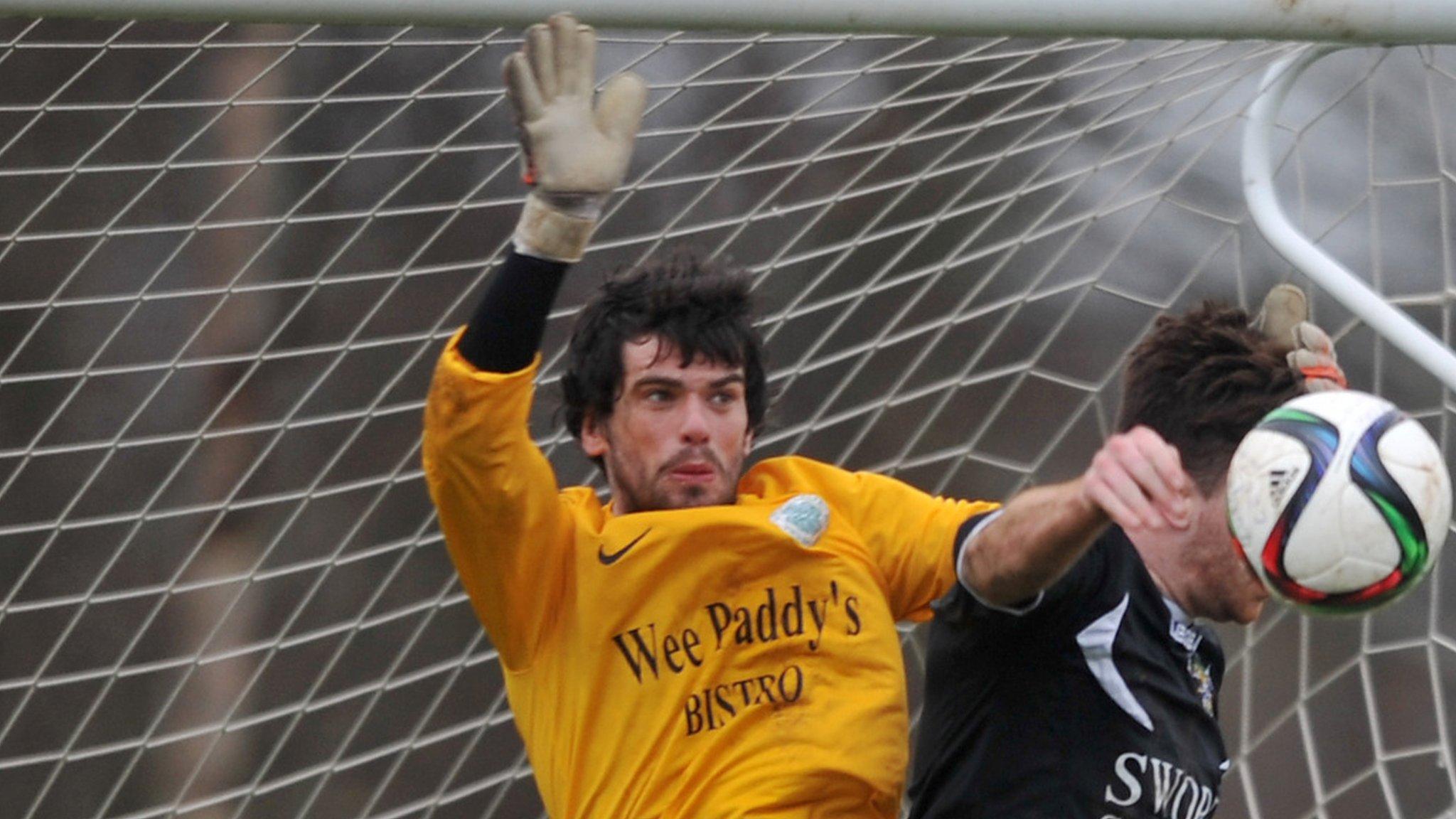 Lurgan Celtic keeper Conor McCorry (left) is suspended for Saturday's Irish Cup semi-final against Linfield