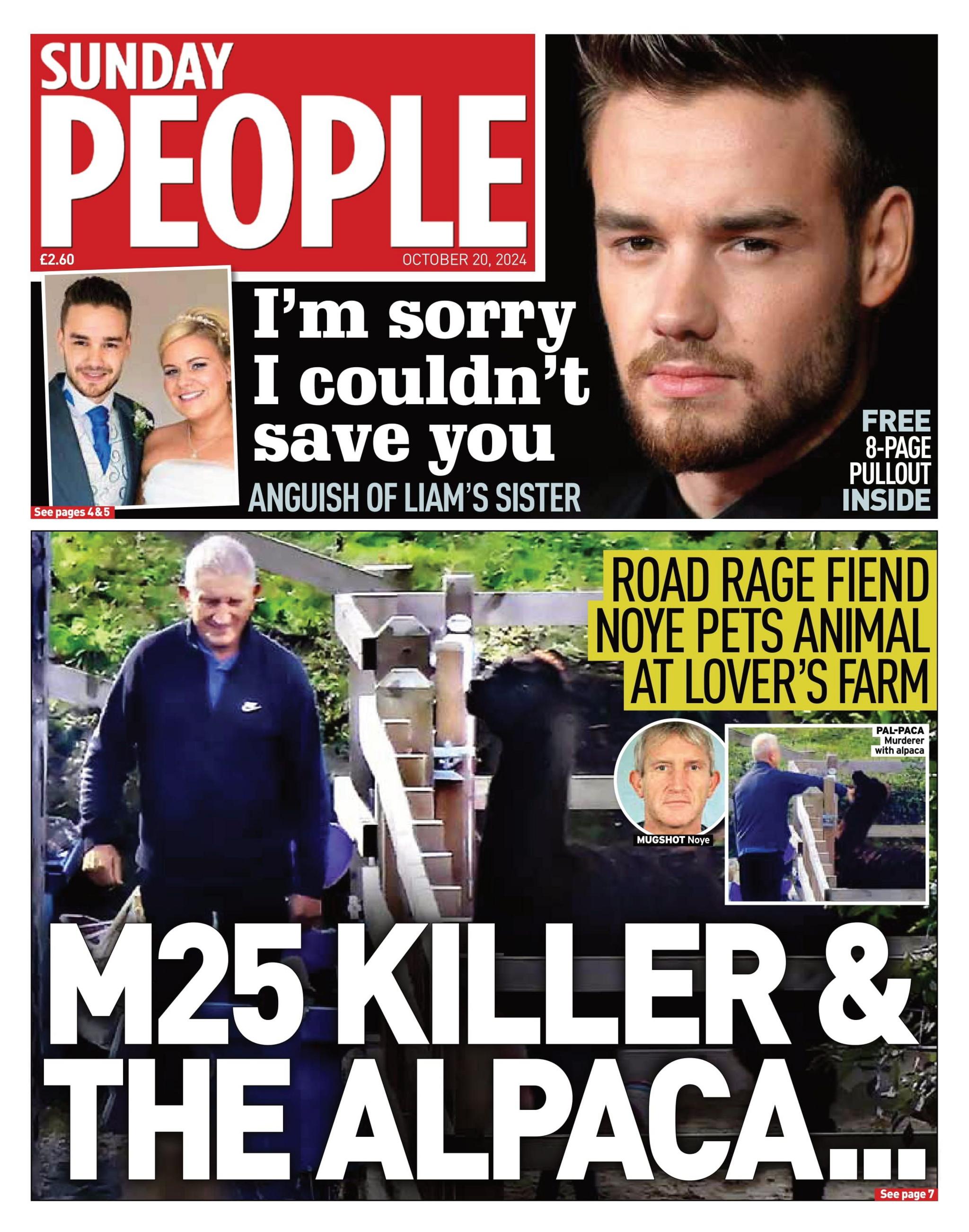 Picture of the Sunday People front page with a pictire of Kennth Noye and the headline "M25 killer and the alpaca".