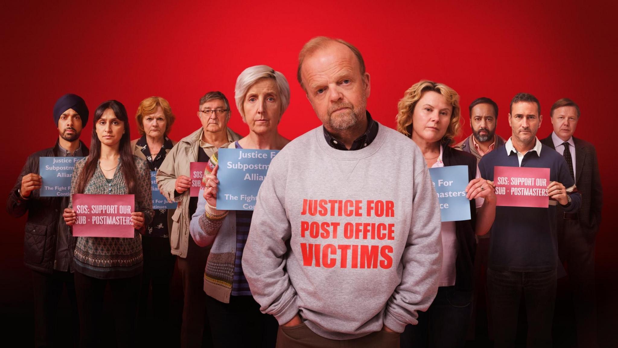 The cast of Mr Bates vs The Post Office pose for a promotional photo