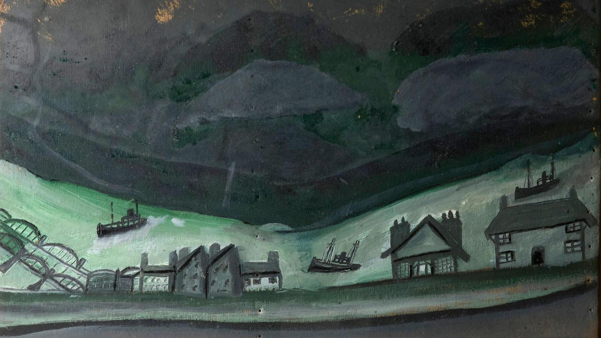 A semi-abstract painting of houses next to a river during a dark night with railway bridge arches in the bottom left. The main colours are teal and black or grey.