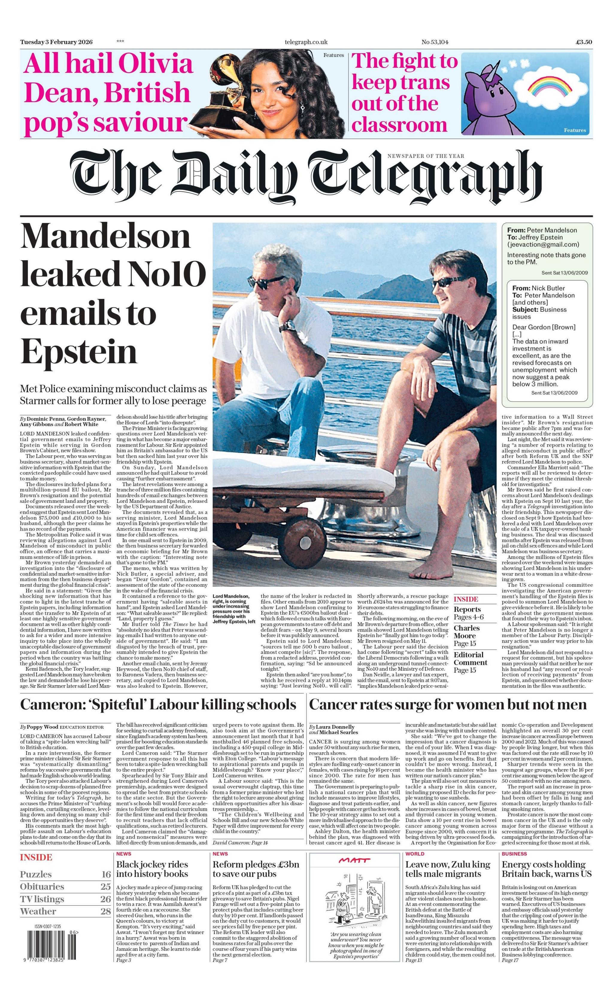 “Mandelson i zbuloi email-et e numrit 10 Epsteinit”, shkruhet në titullin kryesor në faqen e parë të Daily Telegraph.