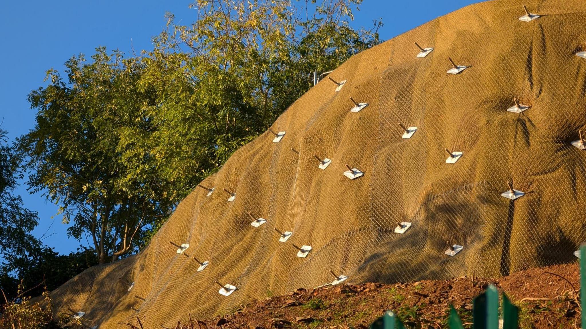 Close up view from the bottom of the slope showing dozens of heavy duty pins holding a metal mesh on to the cliff