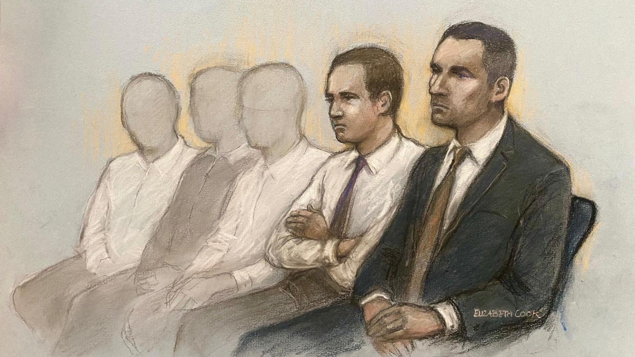 A court artist image of the five accused. The three teenagers, who cannot be named, are shown only as figures with blank faces. Snook is on the right of the image, and is wearing a dark suit jacket, white shirt and brown tie. Tolliver is shown wearing a white shirt and a dark tie, and has his arms crossed. 