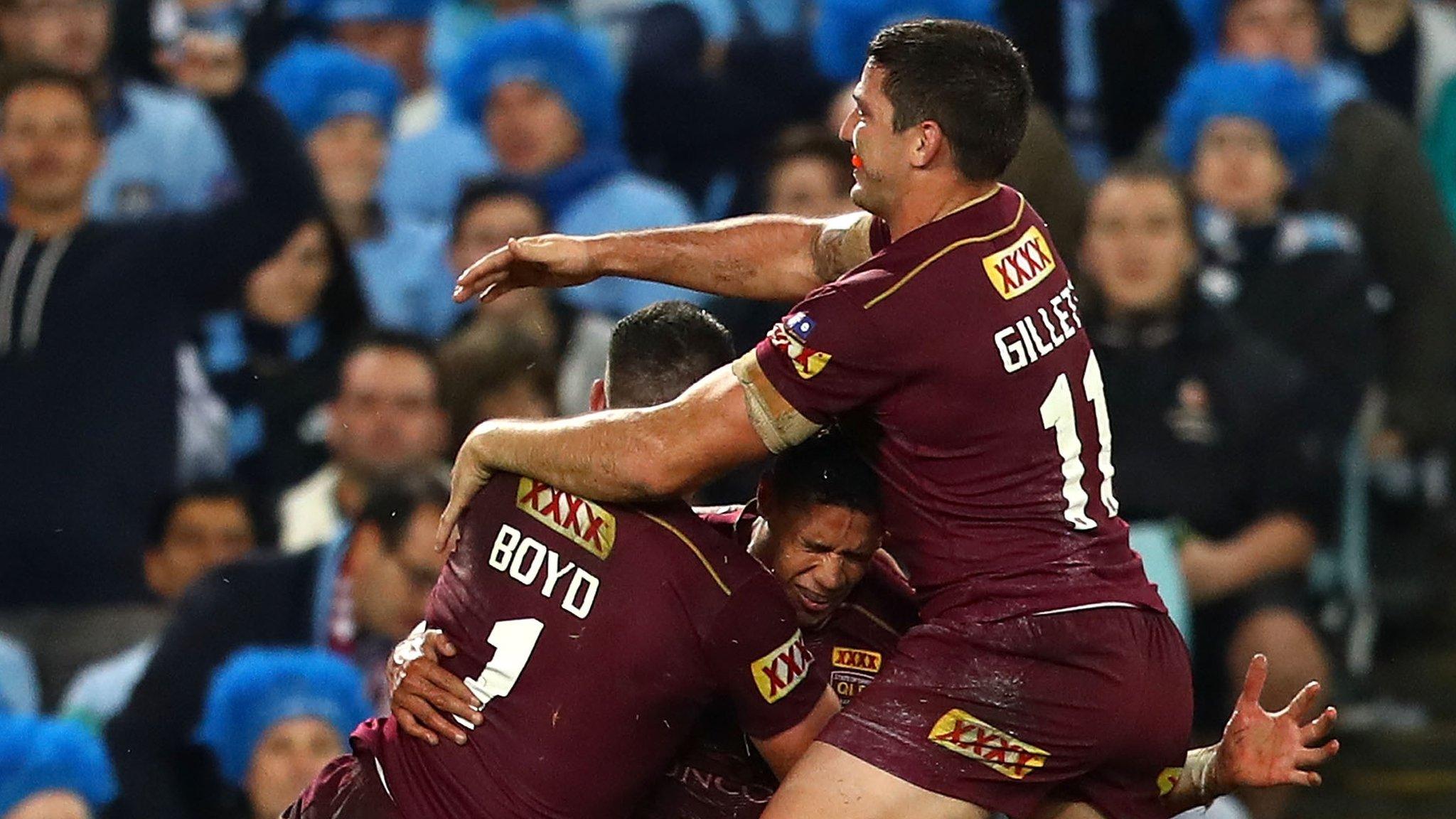 Queensland celebrate Dane Gagai's winning try