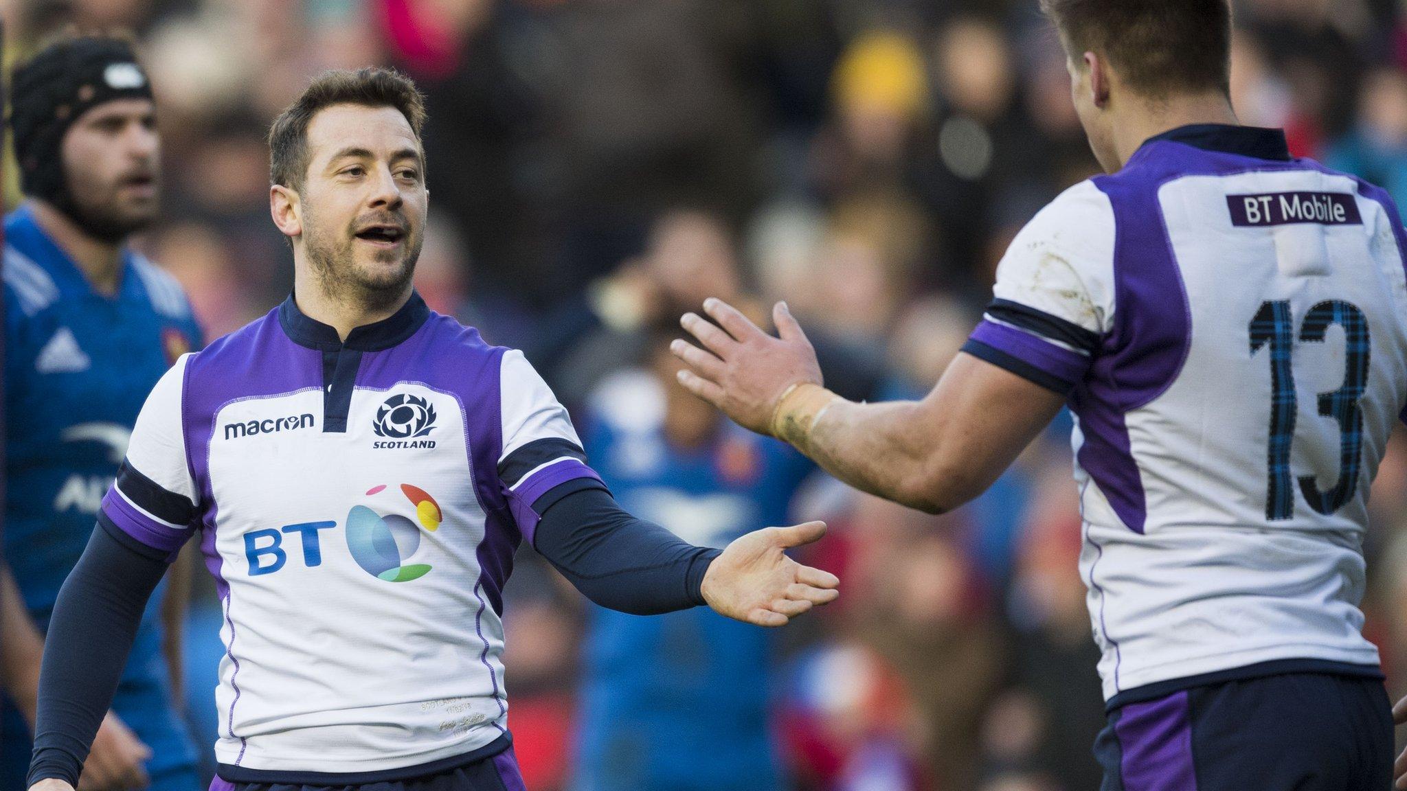 Greig Laidlaw celebrates with centre Huw Jones