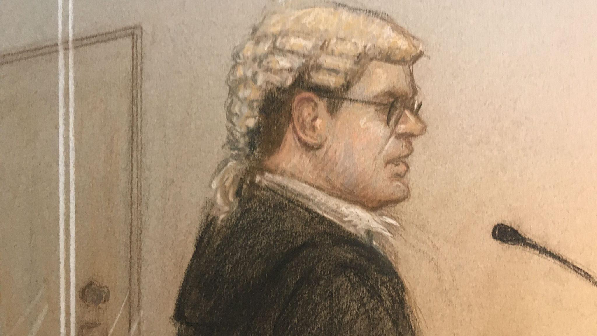 Courtroom sketch of prosecutor Tom Little. He is depicted in a barrister's wig and black gown, speaking into a microphone.