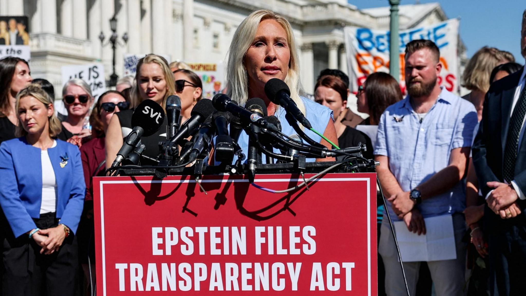 Rep. Marjorie Taylor Greene speaks at a press conference alongside alleged victims of Jeffrey Epstein at the US Capitol in September