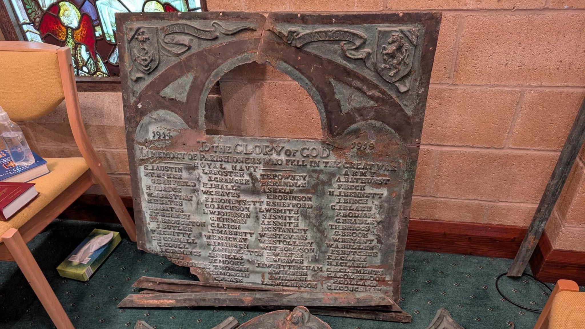 The damaged WW1 plaque which has been recovered after being stolen from
the grounds of Christ Church Luton in Chatham last weekend.