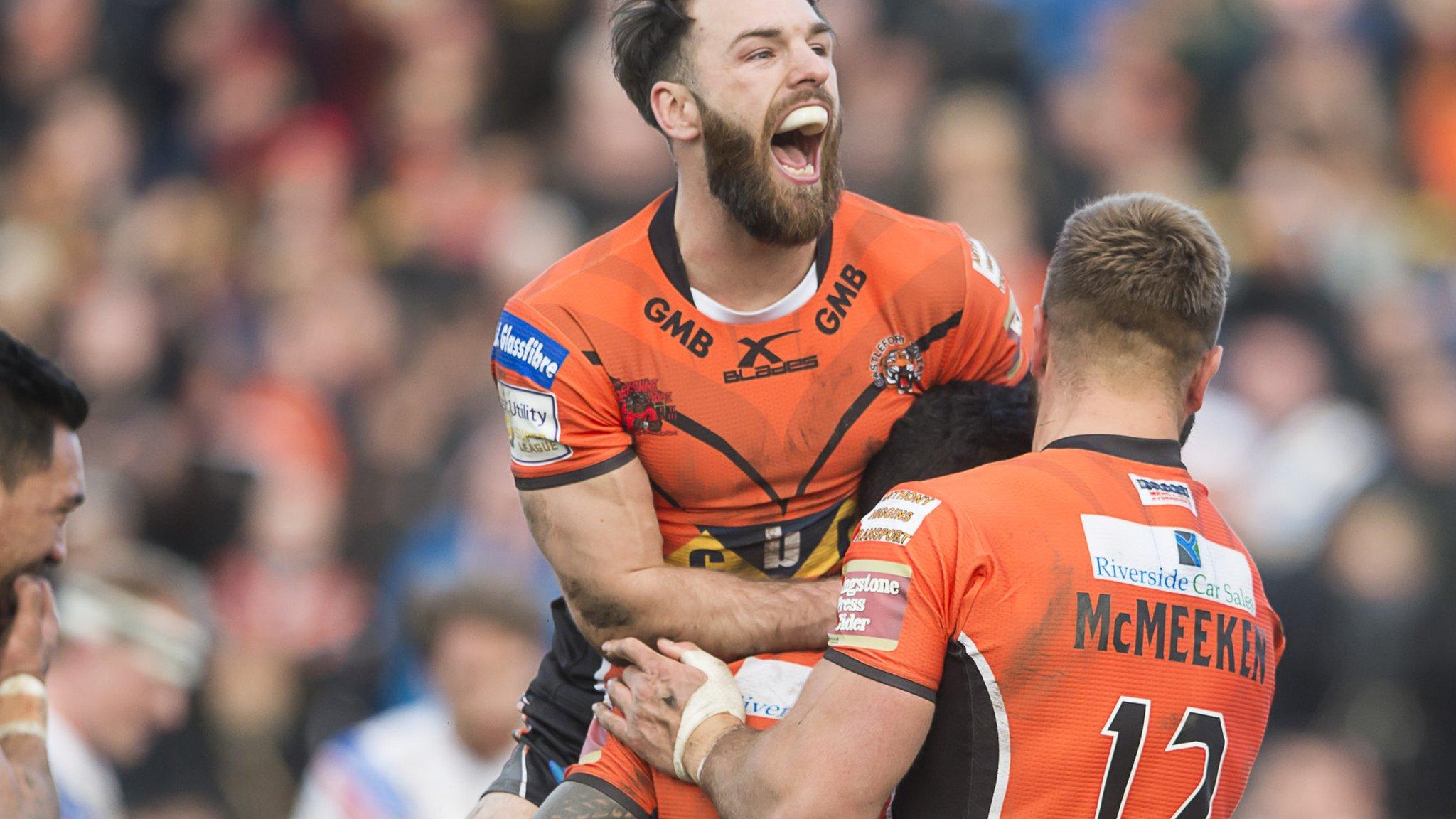 Castleford's Luke Gale celebrates Ben Roberts' try.