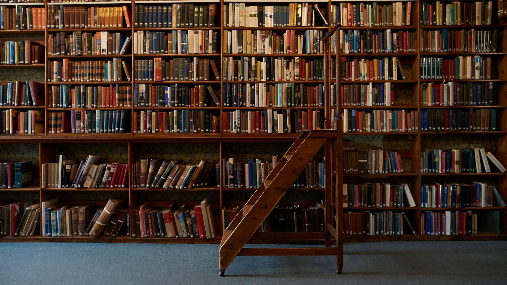 A dark wood library with stacks of books. A dark ladder sits in front of the book shelves.