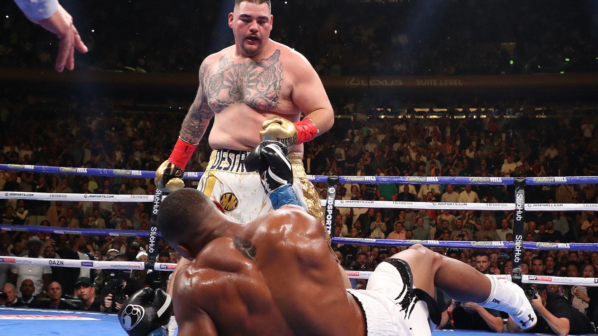 New York, US - 1 June: Andy Ruiz Jr knocks down Anthony Joshua in the third round during their IBF/WBA/WBO heavyweight title fight at Madison Square Garden. (Photo by Al Bello/Getty Images)