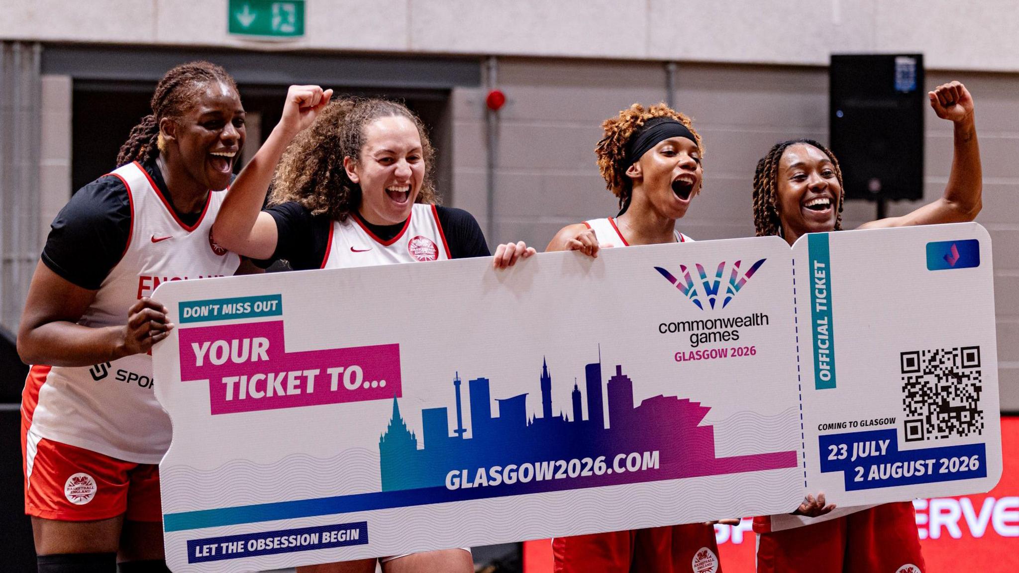 Cheridene Green, Georgia Gayle, Nina Rickards and Shanice Beckford-Norton with their 'ticket' to the Commonwealth Games