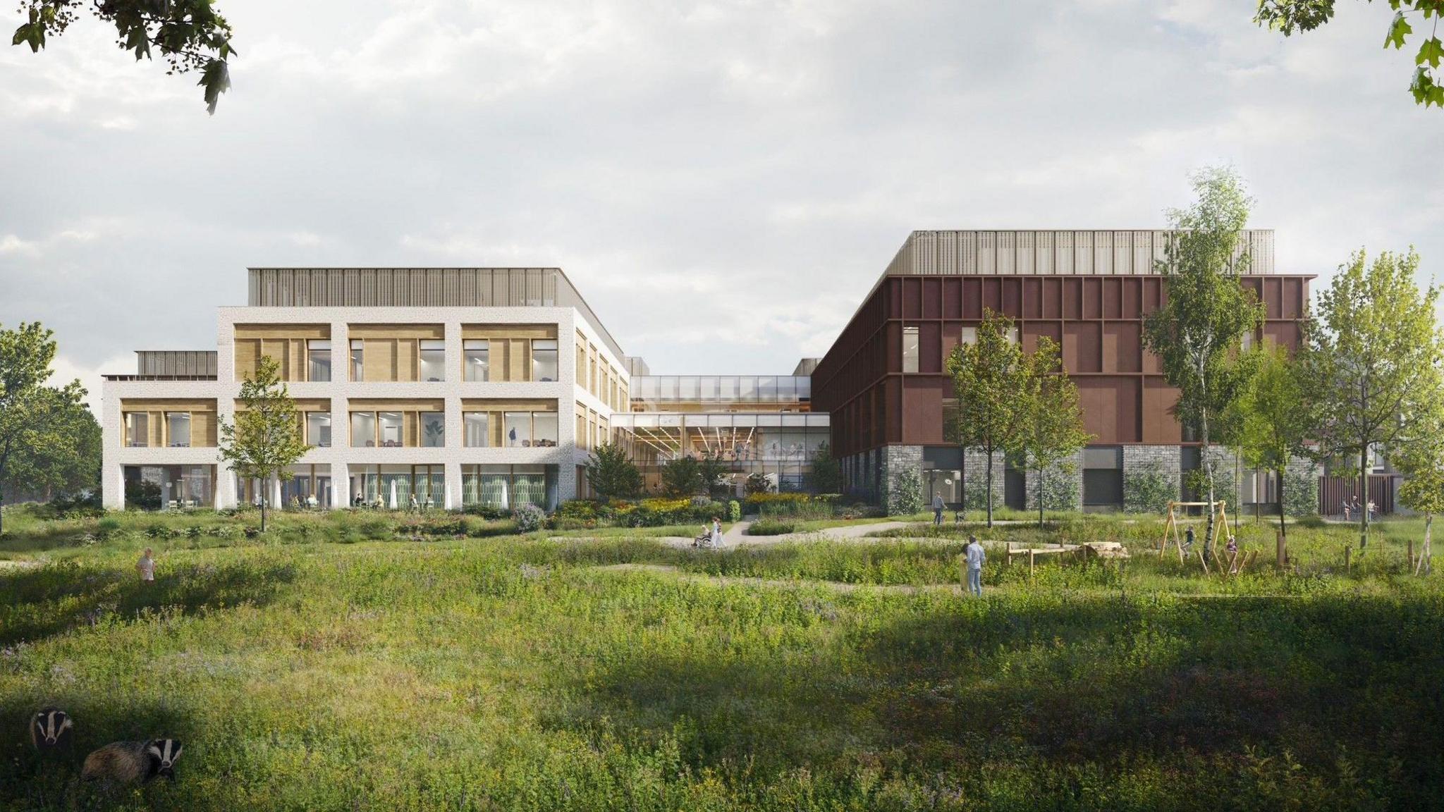 An artists impression of a hospital building, with a brown building on the right and white building on the left surrounded by lots of grass and trees.