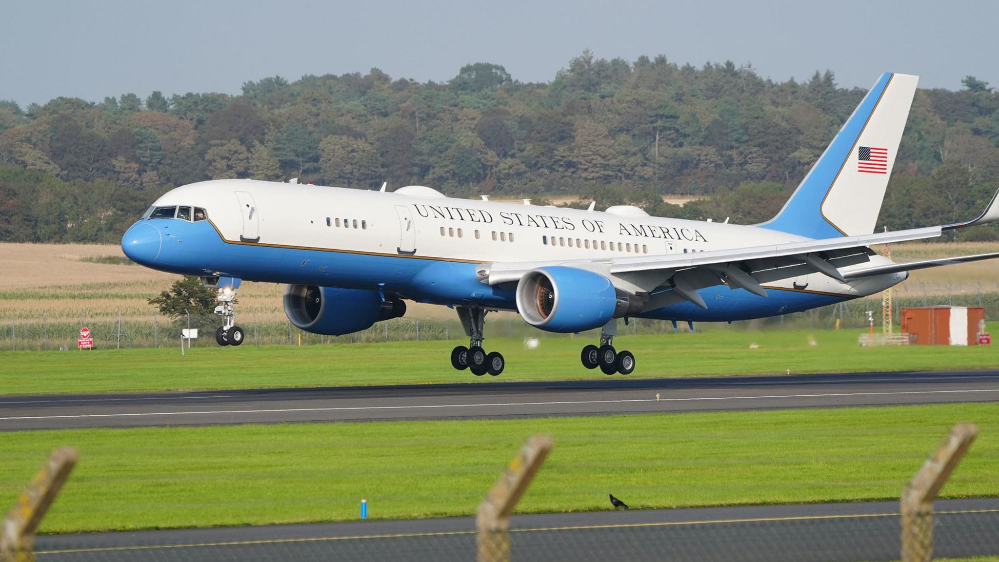 A  blue and white jet with United States of America written on the side