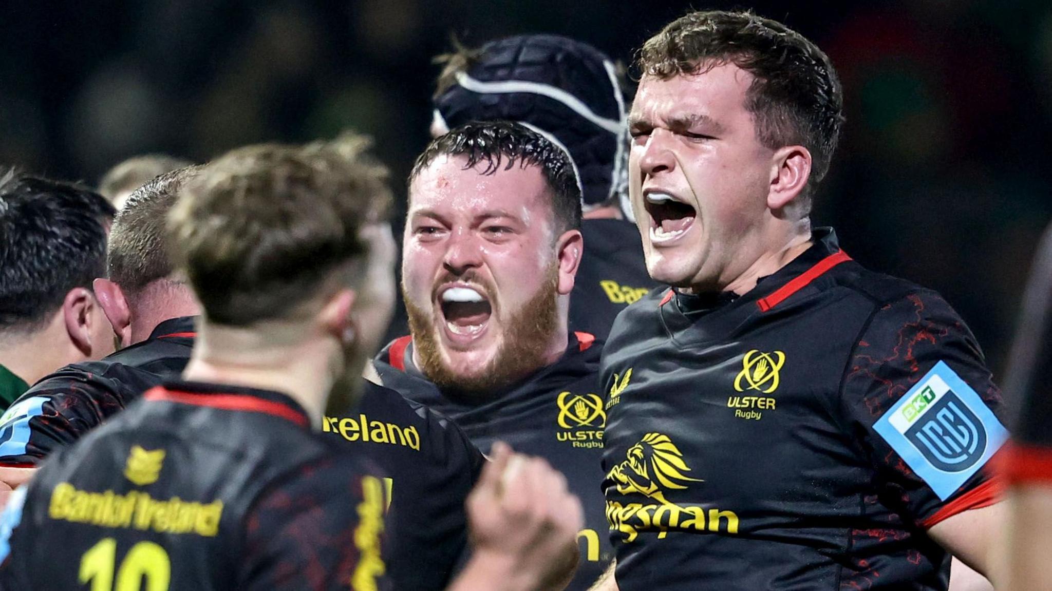 Ulster celebrate winning a turnover late in the game in Galway