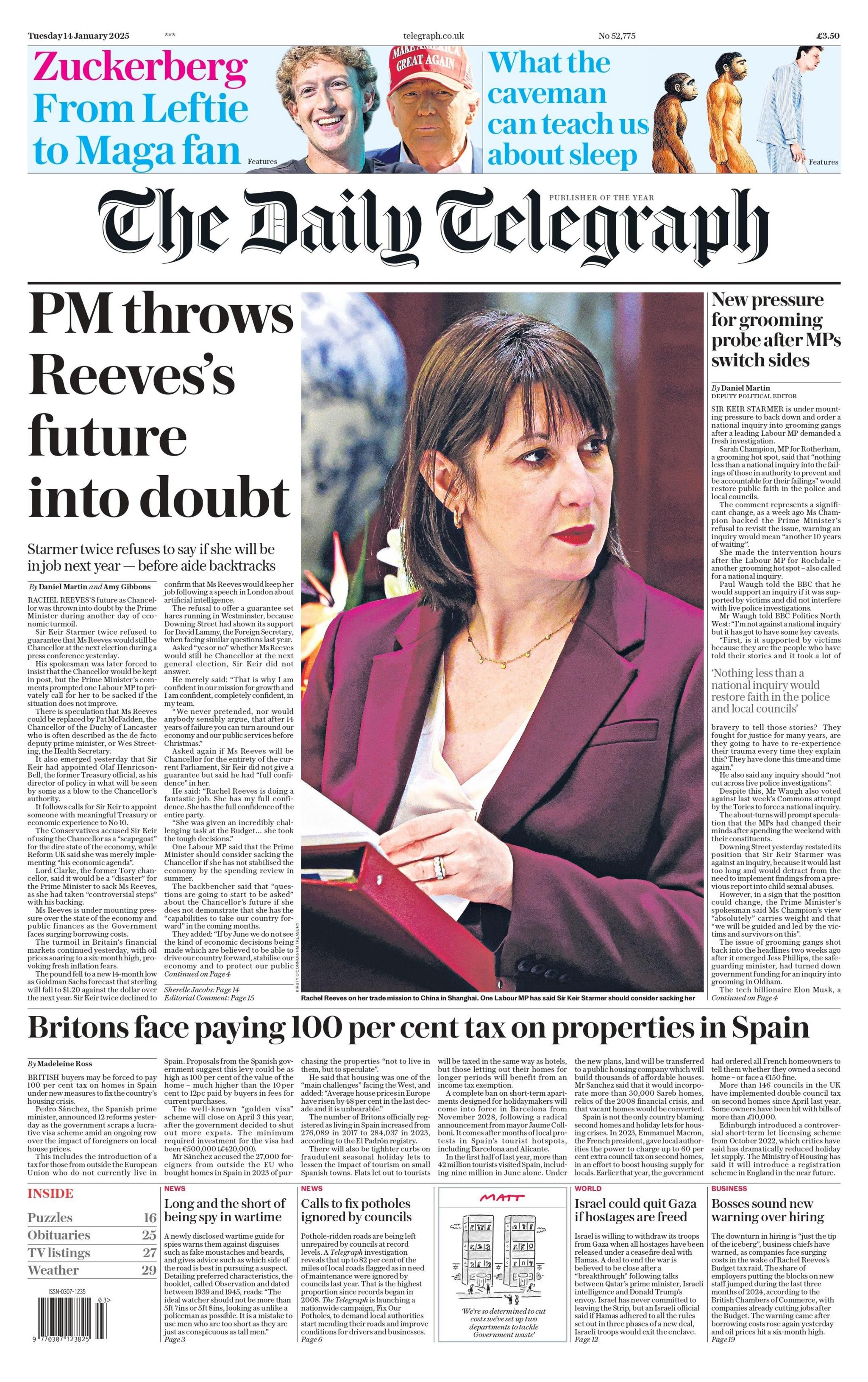 The headline on the front page of the Daily Telegraph reads: "PM throws Reeves's future into doubt"