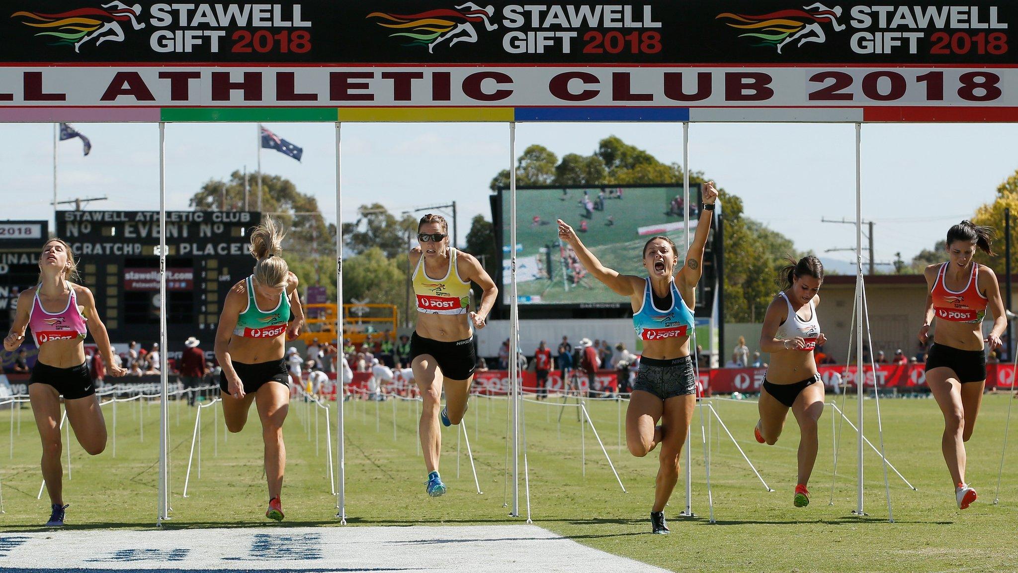 Elizabeth Forsyth wins the Women's Stawell Gift on April 2, 2018 in Stawell, Australia.