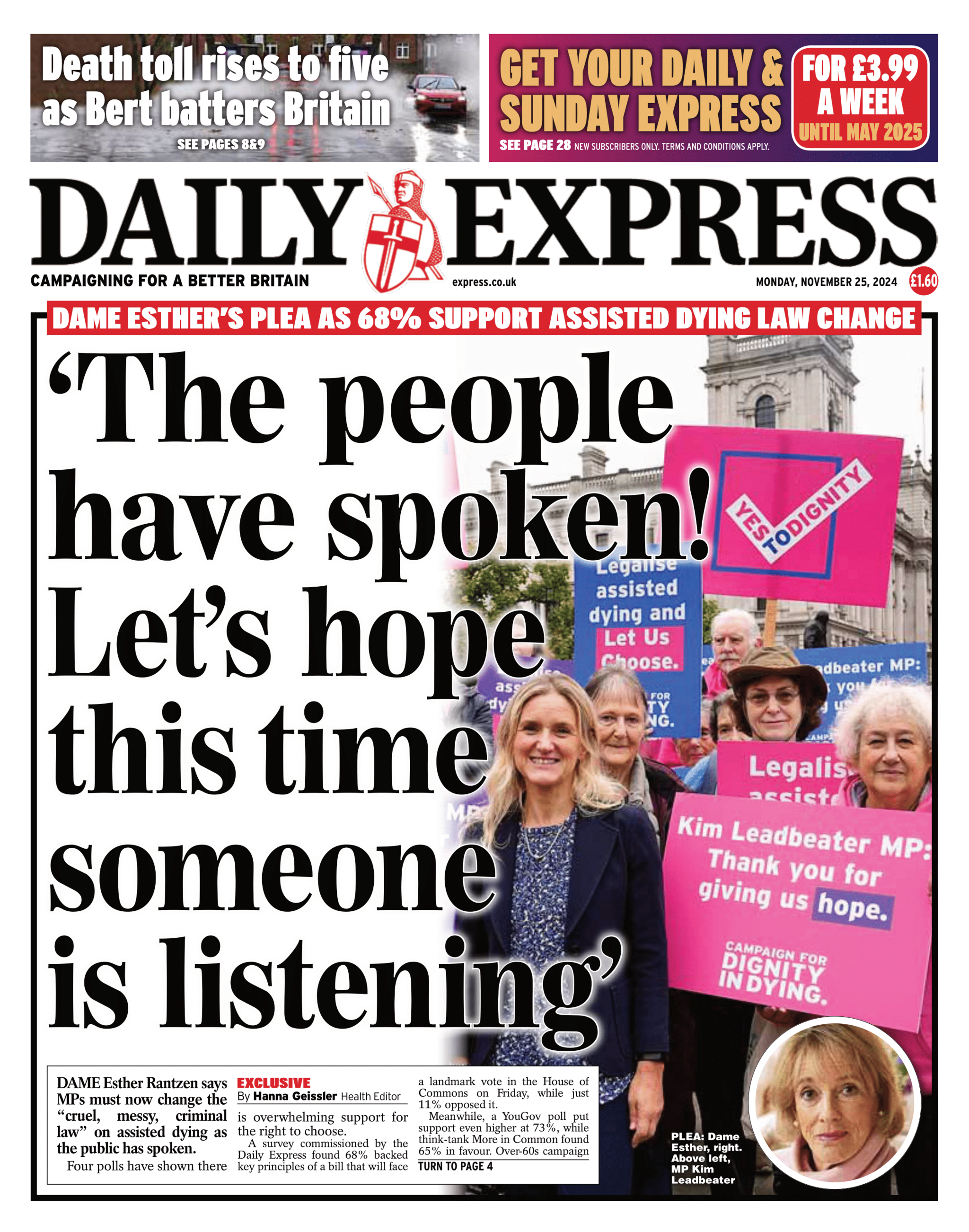 The Daily Express front page with headline: "'The people have spoken! Let's hope this time someone is listening"