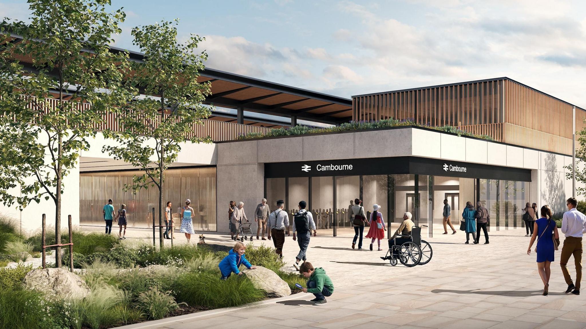 A CGI mock-up of a the proposed new Cambourne station, showing commuters entering an exiting a station.