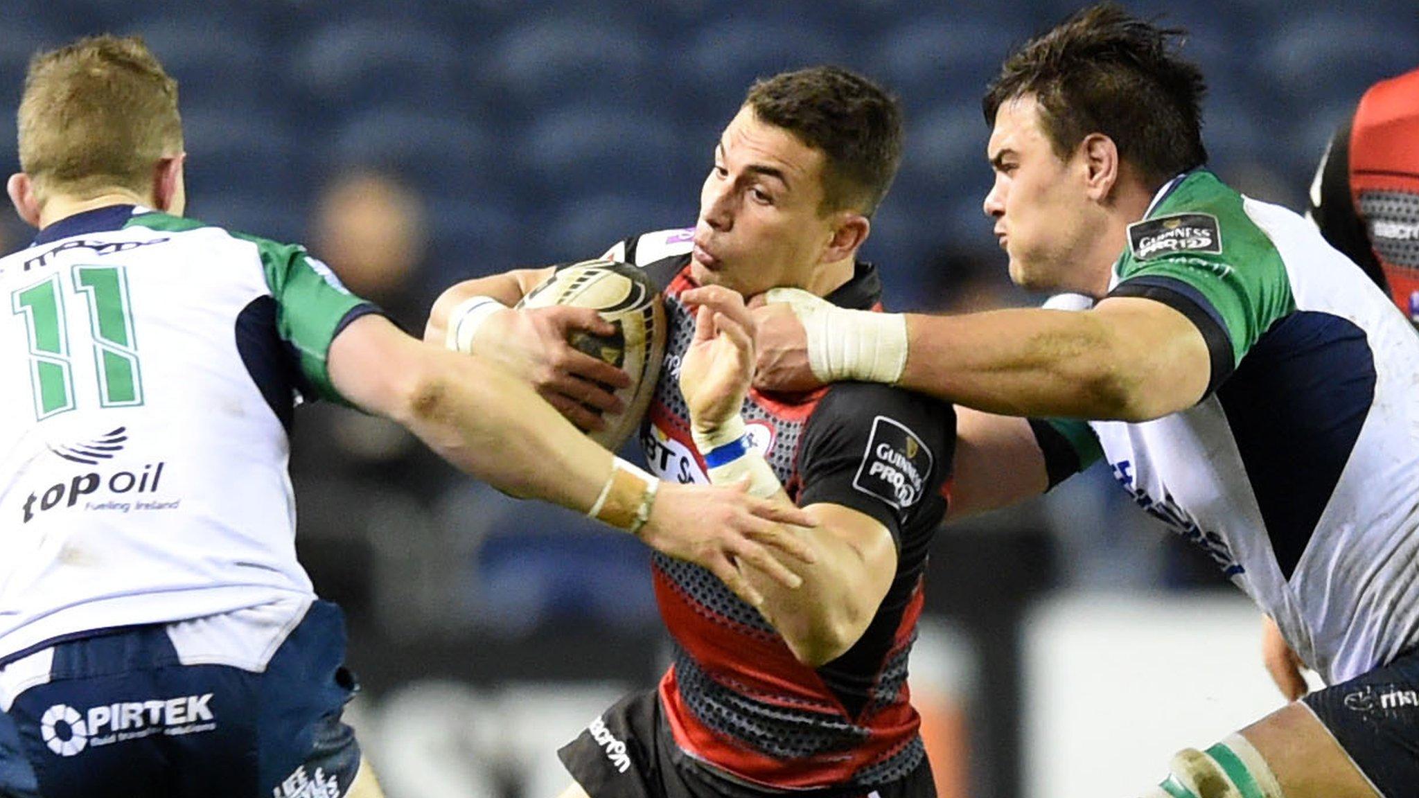 Edinburgh's Damien Hoyland is denied by the Connacht defence