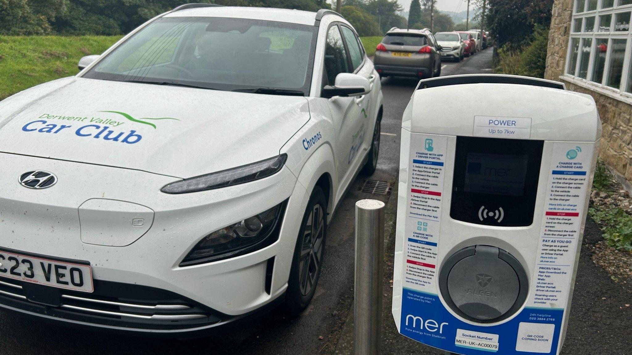 A white electric car parked in a road with other cars in the background. It is beside a charging point. 