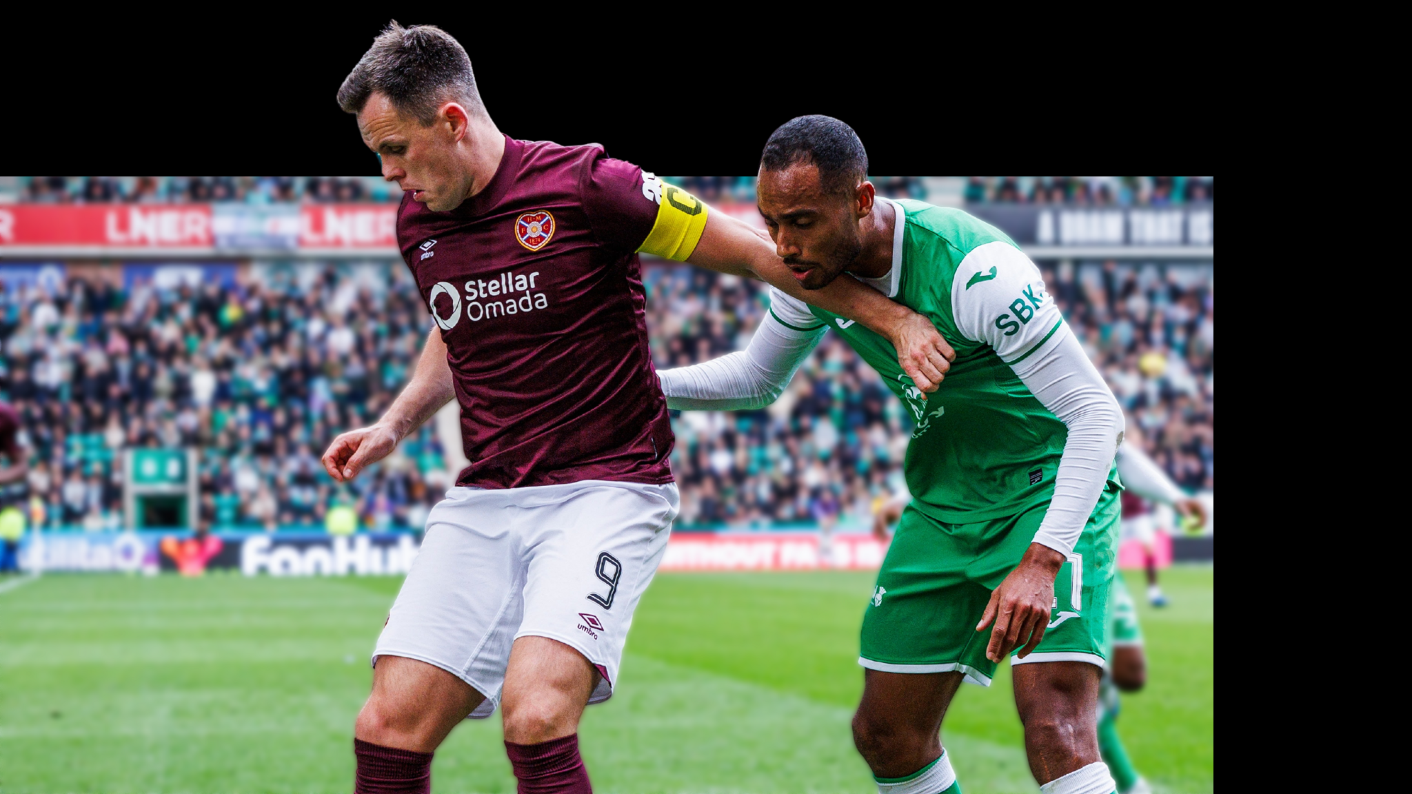 Hearts captain Lawrence Shankland holds off Hibernian defender Jordan Obita