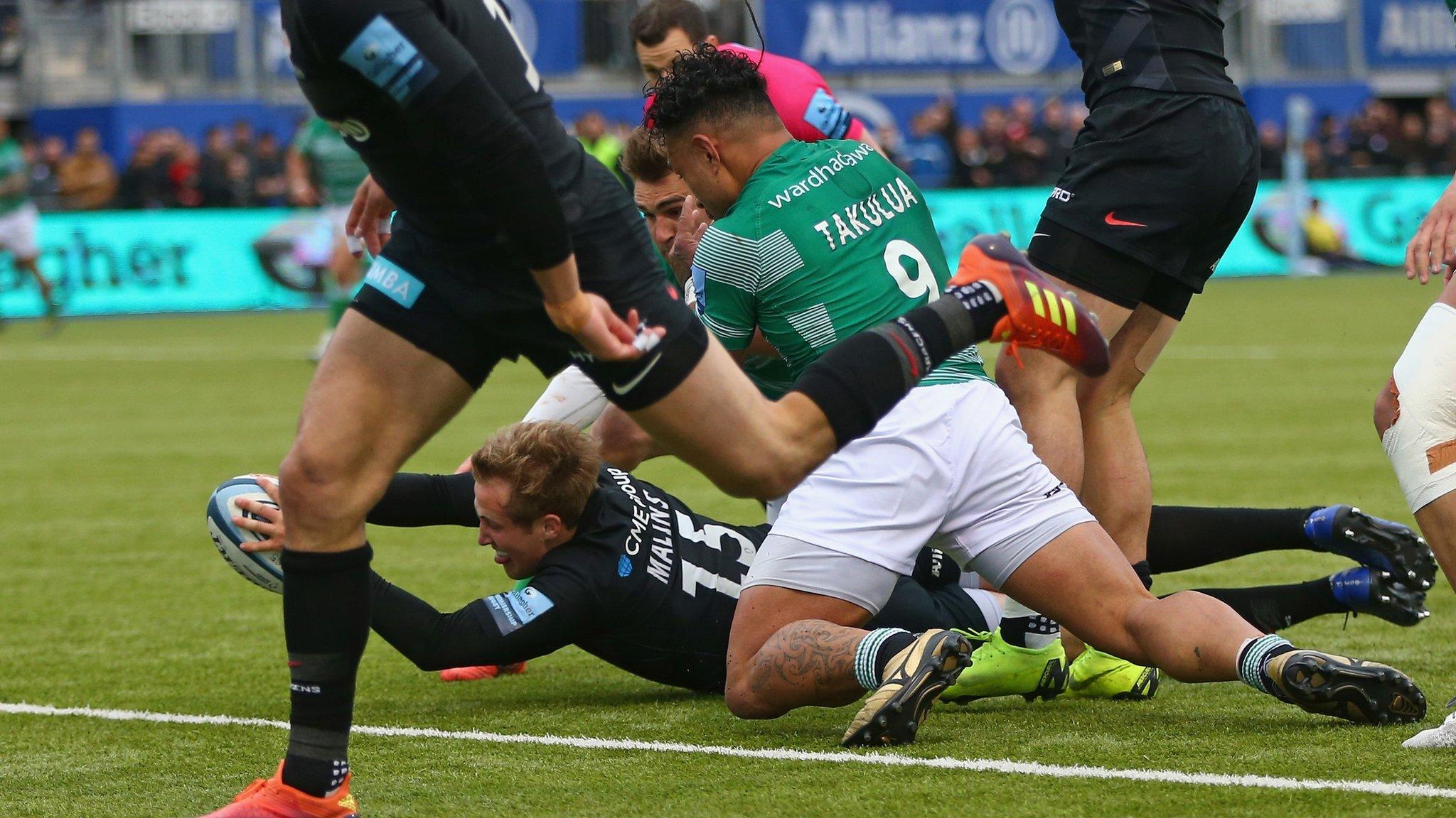 Max Malins' try for Saracens