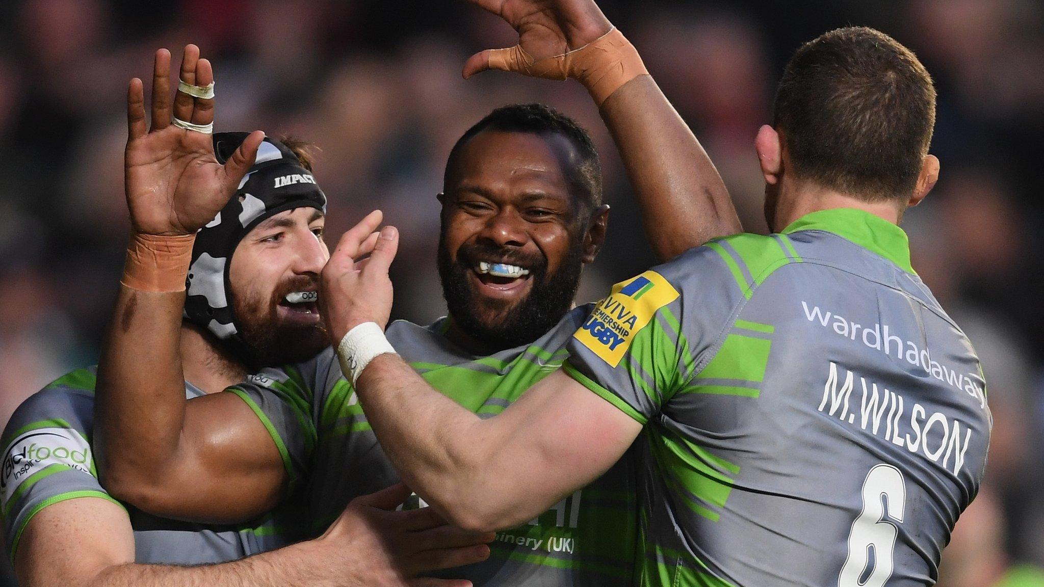 Vereniki Goneva celebrates a try against Leicester