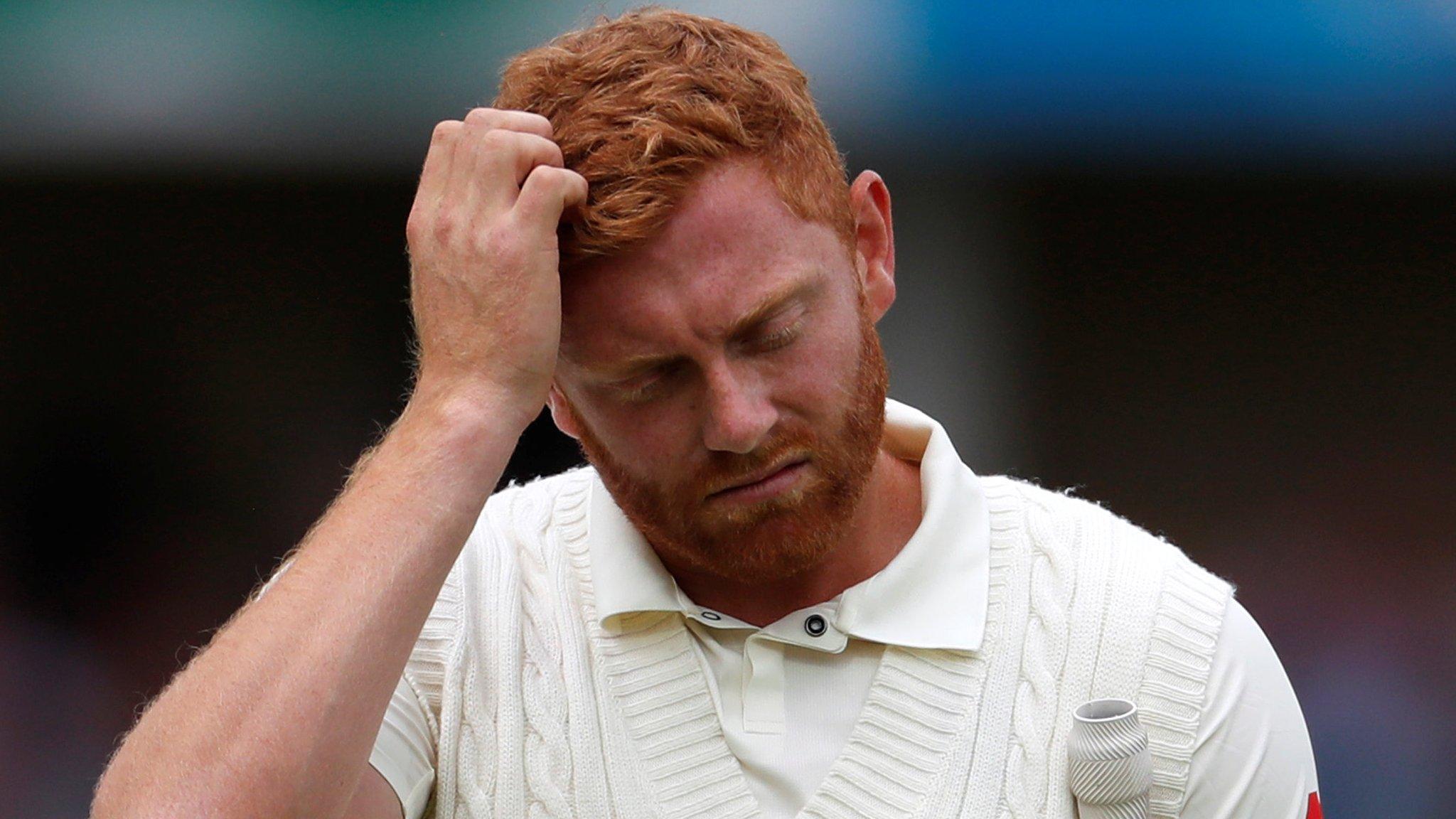 Jonny Bairstow bows his head after being dismissed