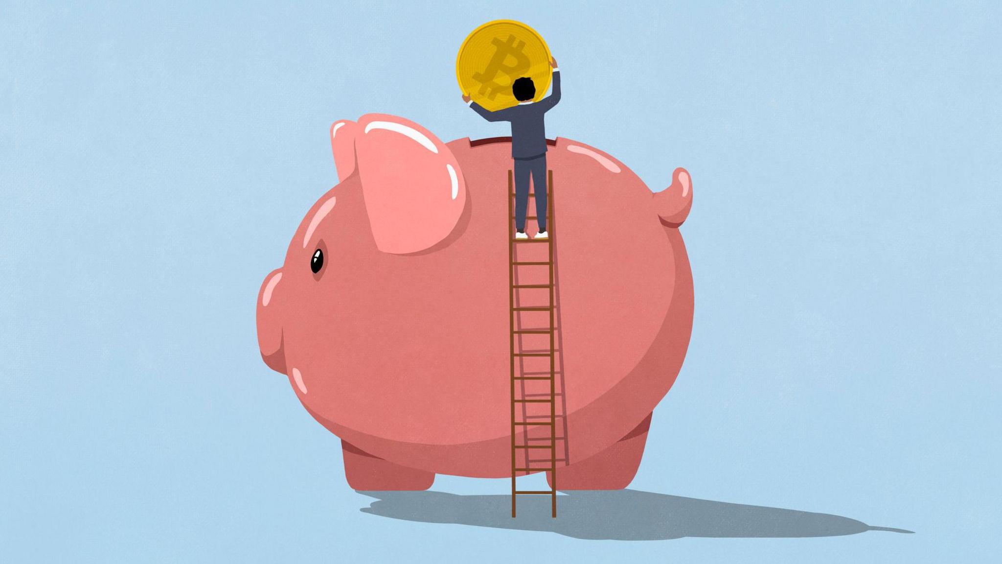 A cartoon piggy bank has a ladder pressed against it's side. A person has climbed the ladder and is putting a large coin into its back.