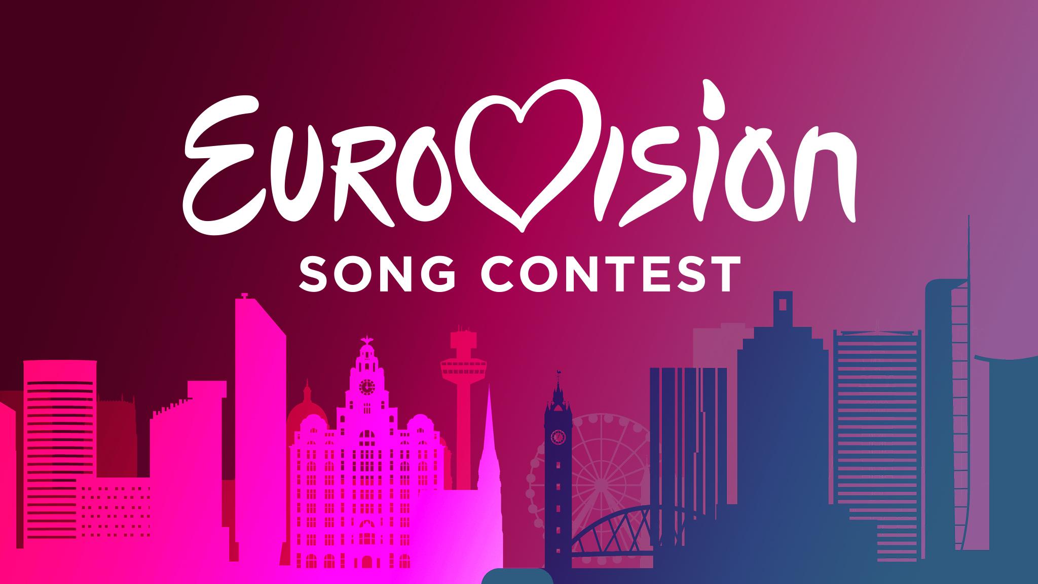 eurovision logo above silhouette outlines of famous landmarks from glasgow and liverpool