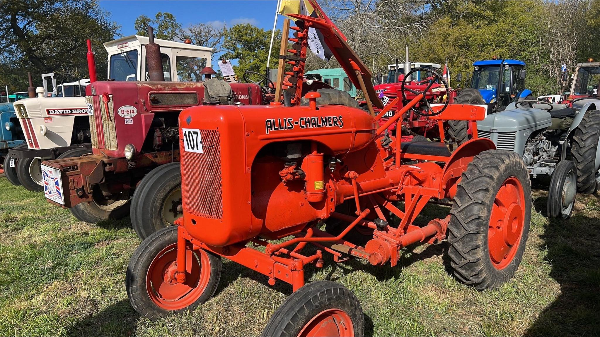 A red tractor with a large grille on its front. It has small wheels at the front with larger ones at the back. It has some form of spiked farming equipment hanging above its bonnet. The vehicle is surrounded by other vintage tractors.
