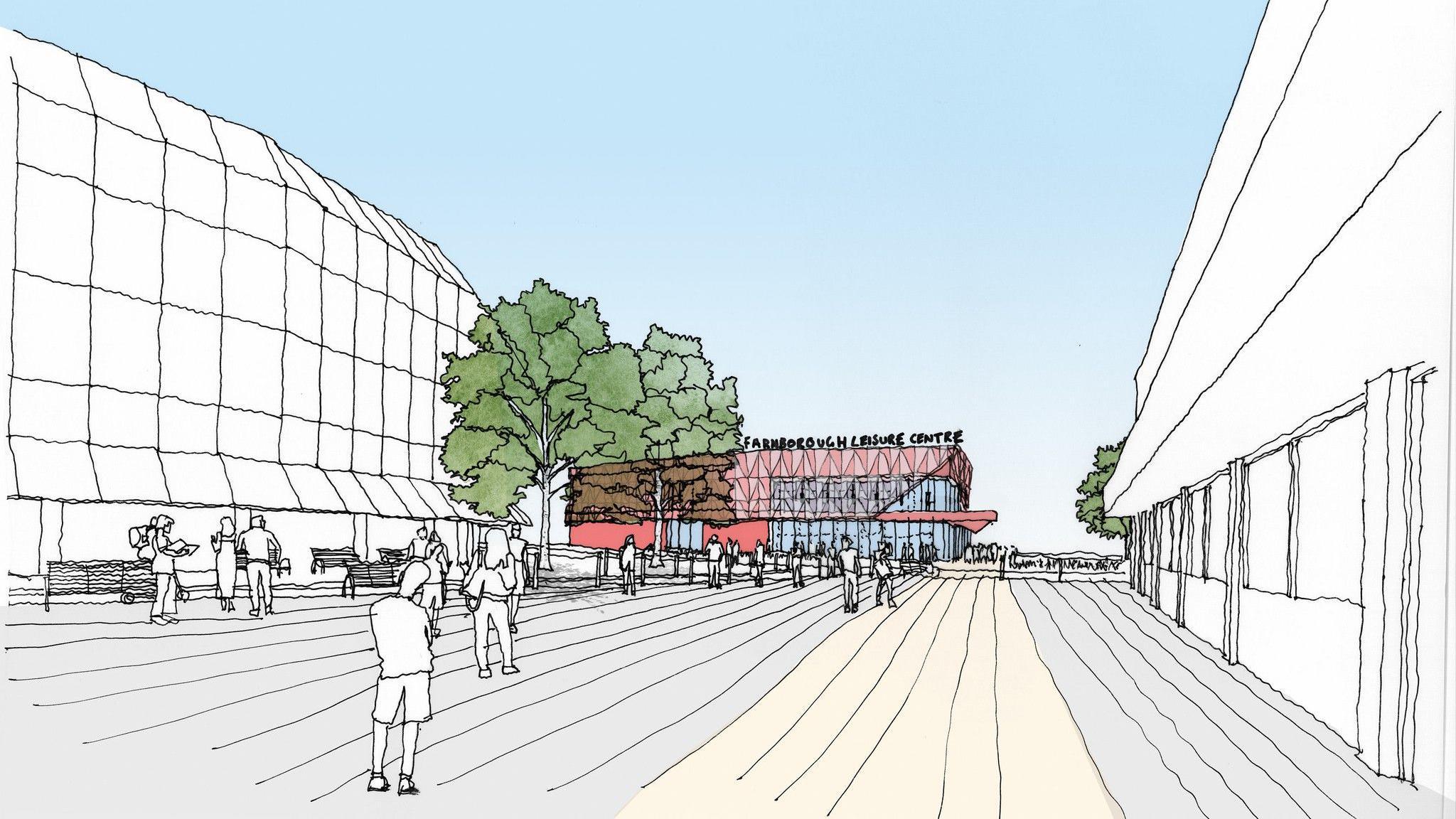 A simple sketch showing what the new leisure centre might look like. It's a red and glass building with lettering on the roof reading "Farnborough leisure centre", and there are two trees next to it.