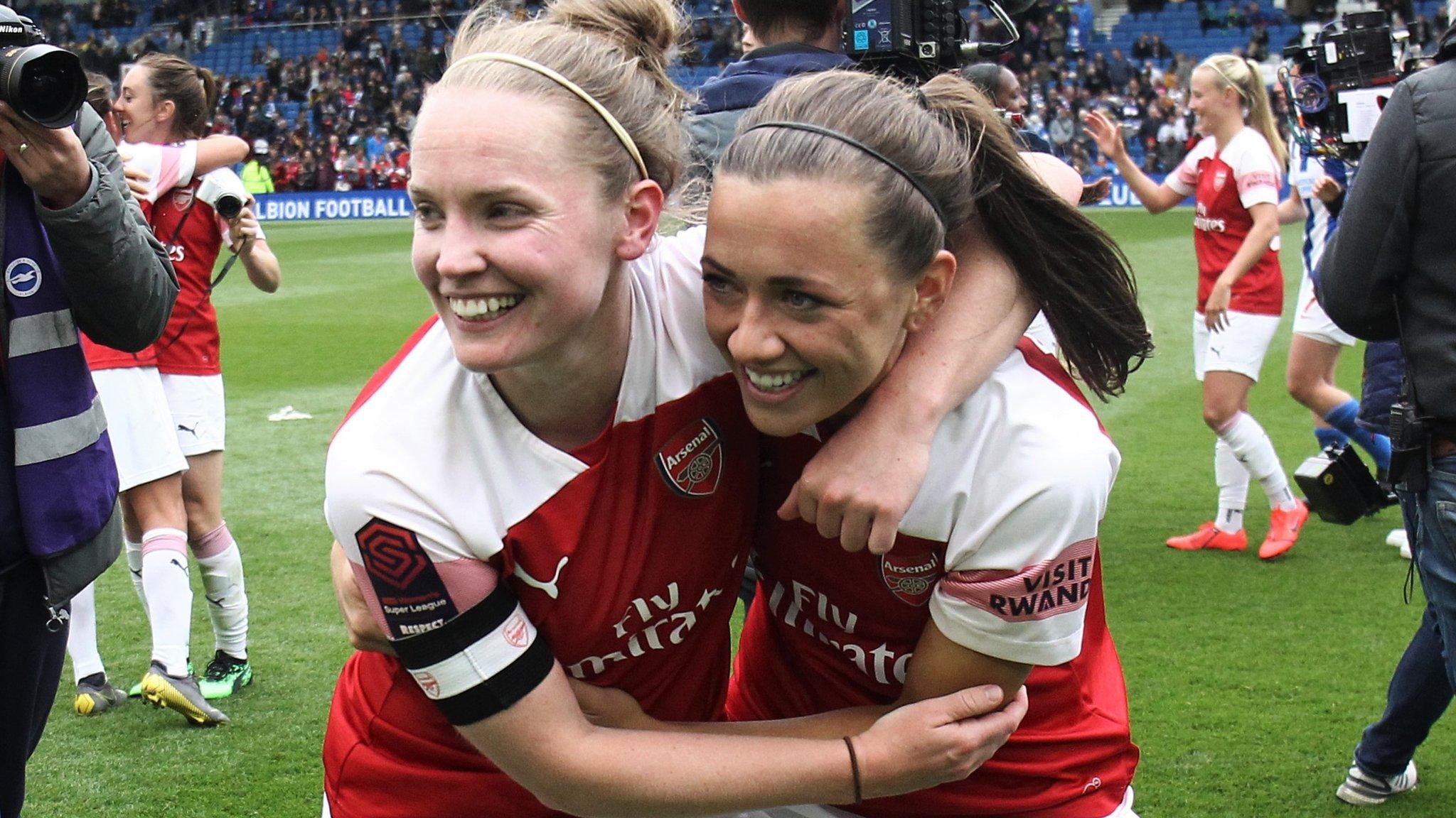 Arsenal women celebrate winning the WSL title at the Amex in Brighton