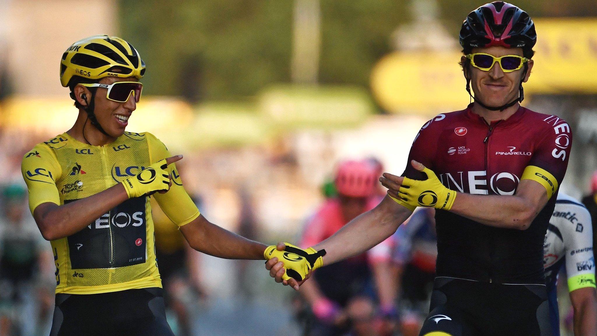 2019 Tour winner Egan Bernal is congratulated by 2018 champion Geraint Thomas