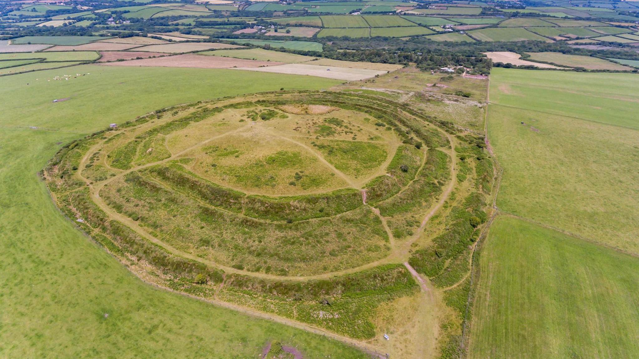 Castle an Dinas, an Iron Age hill fort in Cornwall photographed from above